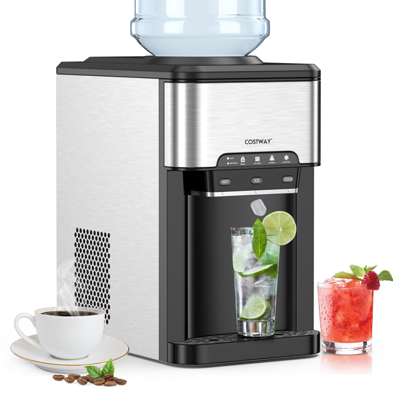 COSTWAY 3-in-1 Countertop Water Dispenser with Ice Maker | Hot & Cold Water Cooler with Child Safety Lock | 12 Ice Cubes Capacity | 2 Water Filling Options | Portable for Home, Kitchen, Office | Perfect for Entertaining, Daily Hydration & Workspace Refreshments