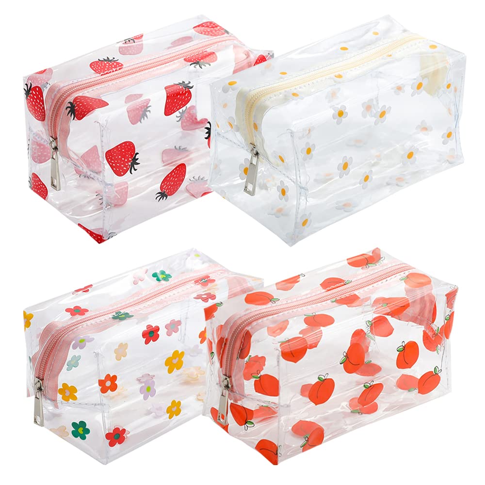 4 Pack Cute Floral Makeup Bags - Clear PVC Cosmetic Pouch for Women, Travel Toiletry Organizer, Small Portable Pencil Case for Vacation, Bathroom & Daily Essentials Storage | Perfect for Travel, Gym, School & Home Organization