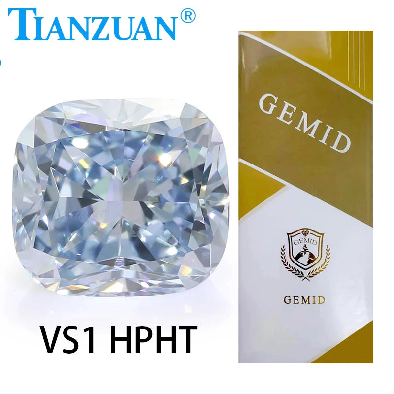 Lab Grown HPHT Cushion Cut Fancy Blue Diamond - VS1/VS2 Clarity, 2EX Cut, GEMID Certified Loose Gemstone for Jewelry Making & Engagement Rings