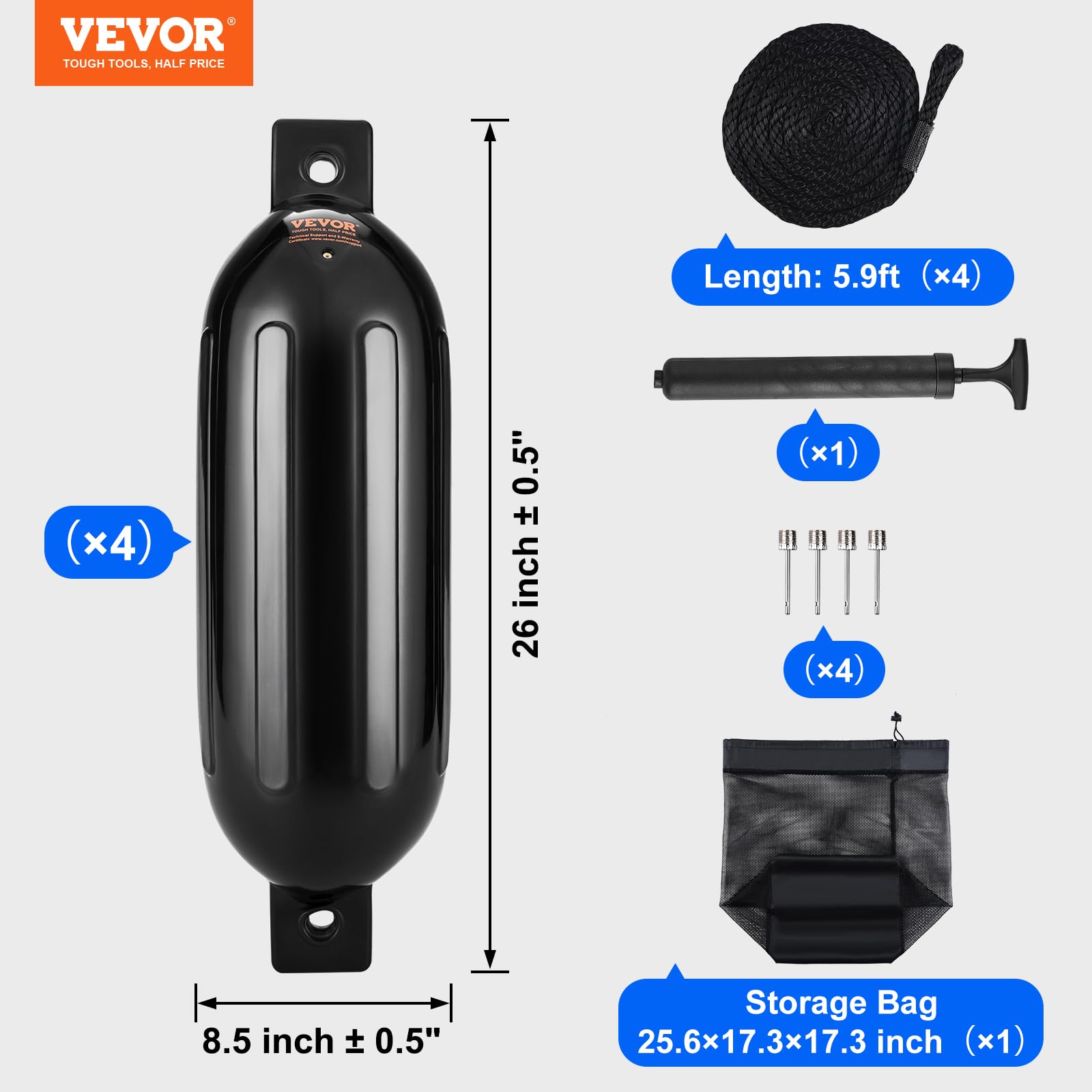 VEVOR Inflatable Boat Fenders - Heavy Duty Ribbed Marine Dock Bumpers with Center Holes & Air Pump for Safe Docking and Mooring | Perfect for Yachts, Sailboats, and Powerboats