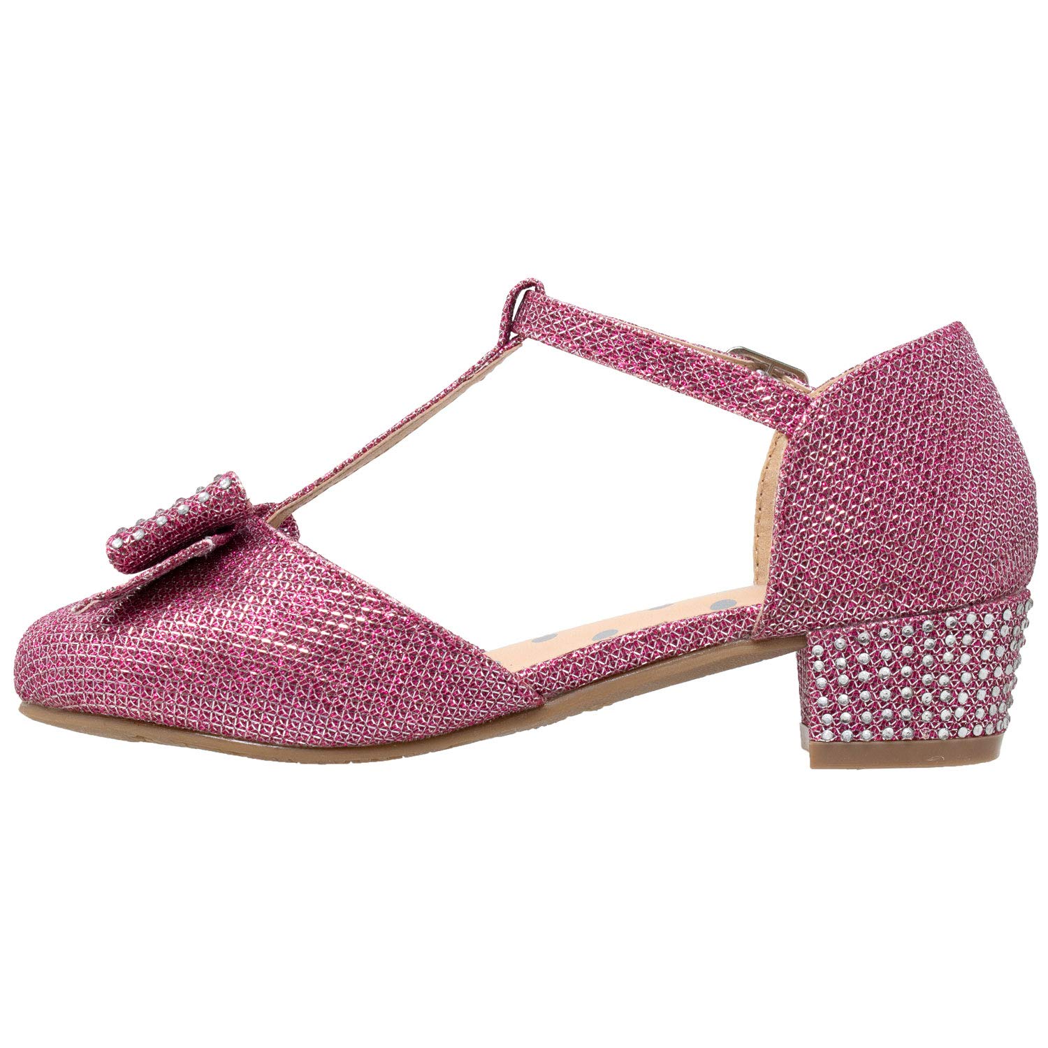 SOBEYO Girls Low Heel Mary Jane Shoes with T-Strap Bow & Glitter Rhinestone - Sparkly Dress Sandals for Kids Birthday Party & Special Occasions