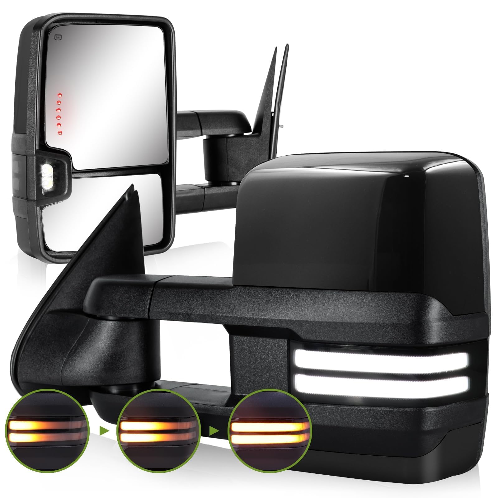 2003-2007 Chevy Silverado GMC Sierra Switchback Towing Mirrors - Power Heated Extendable Side Mirrors with Dynamic Turn Signal, Running Light & Backup Lamp (Black) - Perfect for Towing, Camping & Off-Road Adventures