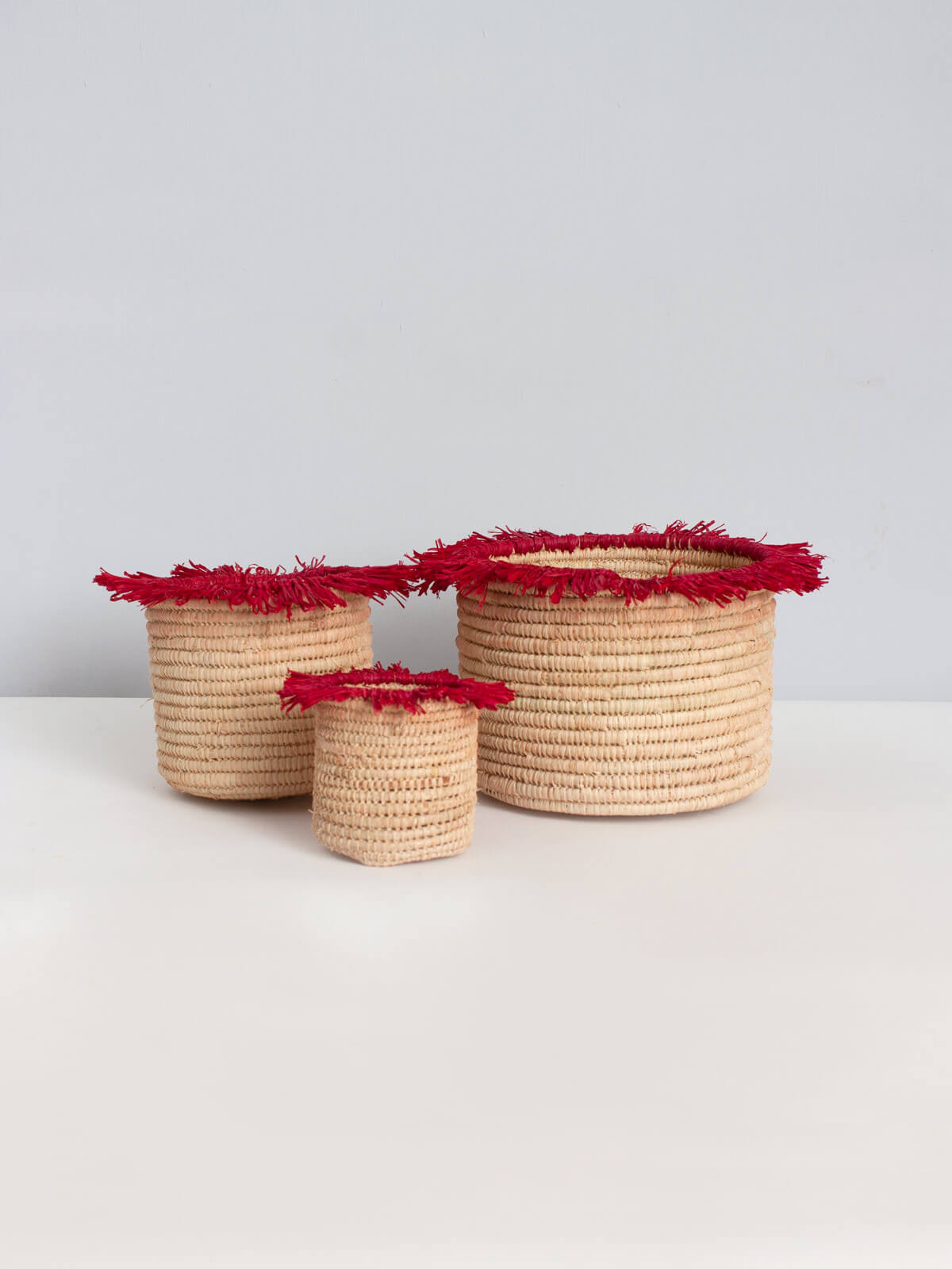 Handwoven Raffia Tassel Storage Baskets - Set of 3 Decorative Organizer Pots in Red | Perfect for Home Decor, Bathroom Organization & Gift Giving