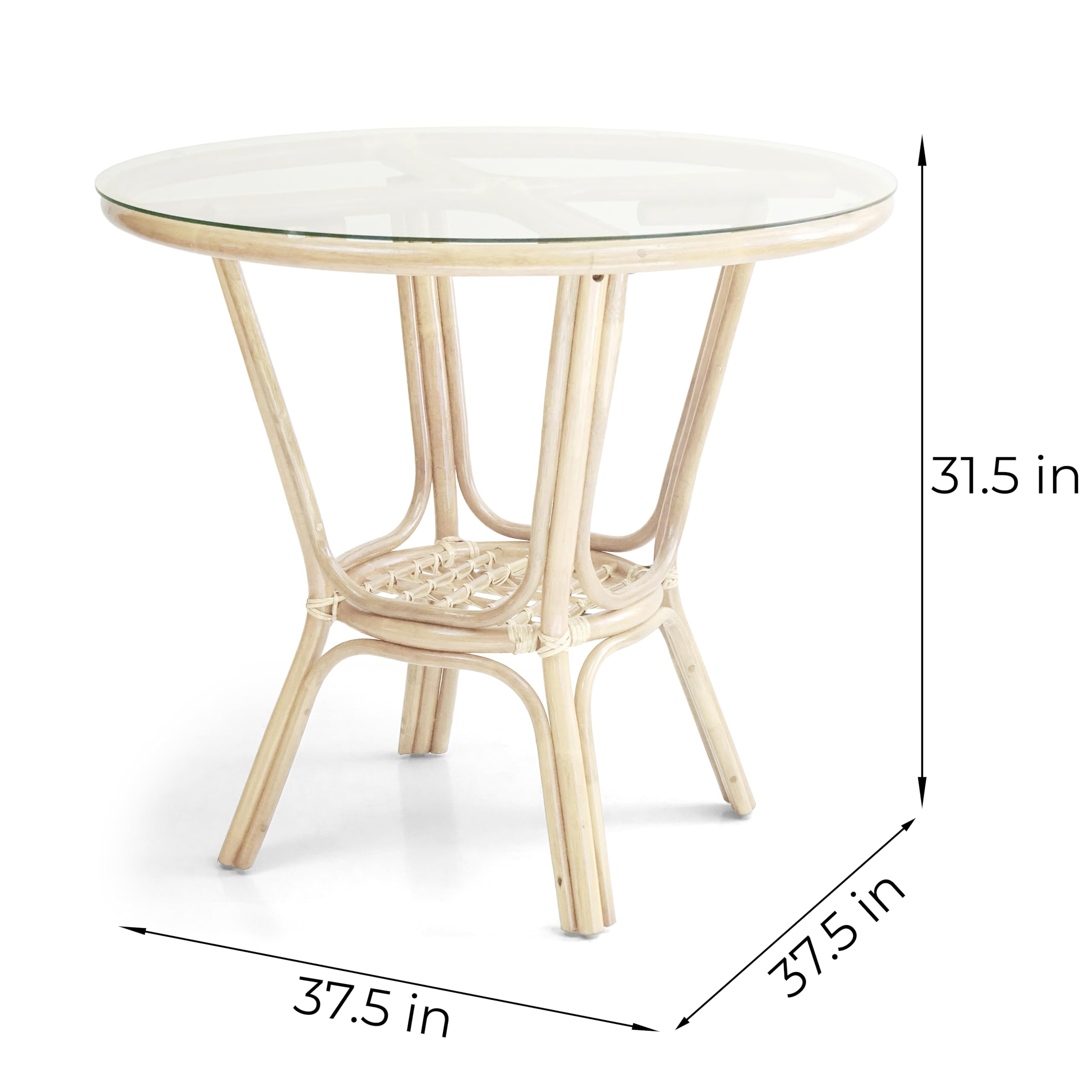 Whitewashed Rattan Wicker Round Dining Table with Tempered Glass Top - Natural Boho Style for Patio, Garden, or Indoor Dining Room Decor