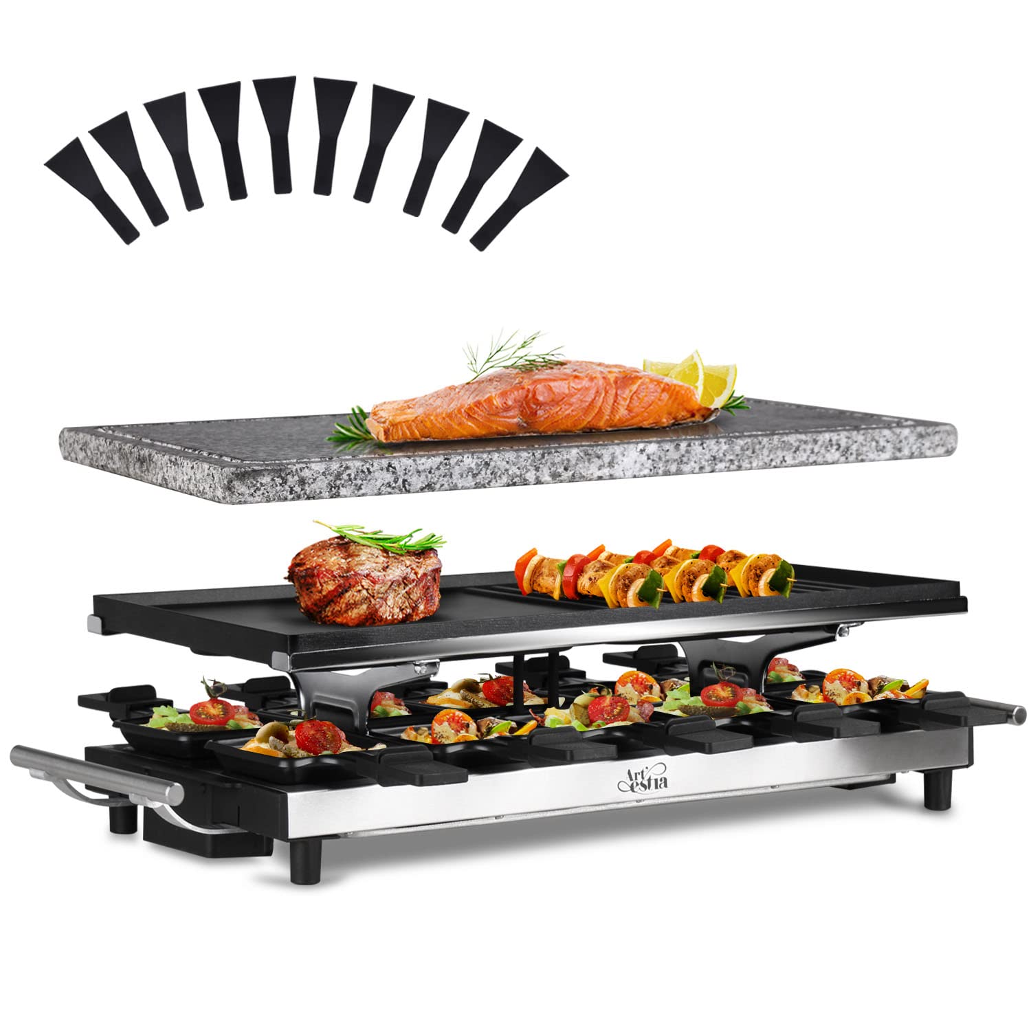 Artestia 1500W Raclette Table Grill with 10 Paddles - Non-Stick Reversible Aluminum Plate & Grill Stone - Perfect for Korean BBQ, Cheese Melting, and Family Gatherings - Ideal for Parties, Indoor/Outdoor Dining, and Entertaining Guests