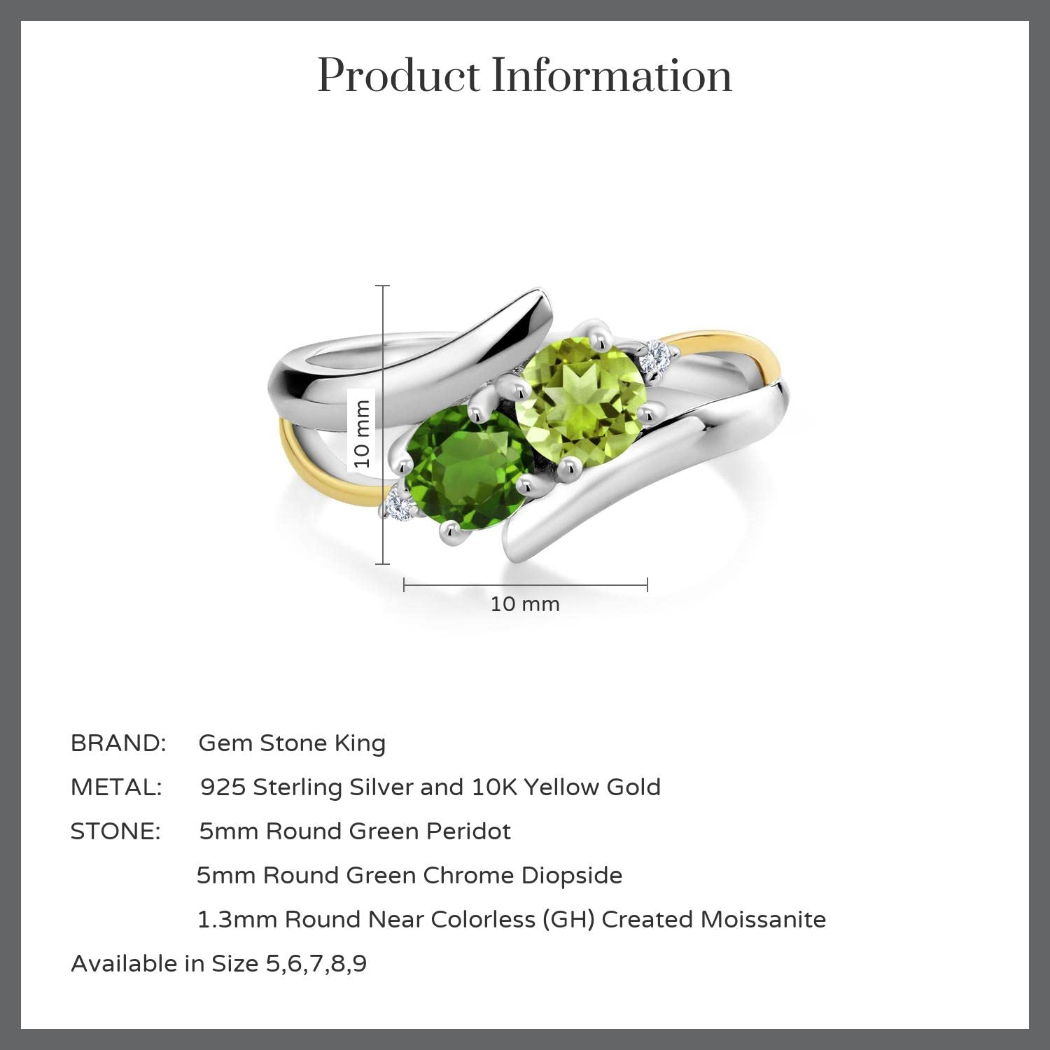 1.07 Ct Natural Green Peridot & Chrome Diopside Ring in 925 Sterling Silver & 10K Yellow Gold - Elegant Birthstone Jewelry for Women, Perfect for Engagement, Anniversary & Everyday Wear
