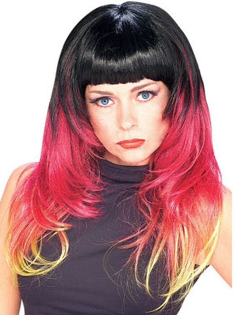 Women's Long Multi-Colored Sunburst Wig with Black, Red & Blonde Highlights - Perfect for Halloween Costumes, Cosplay, and Party Events