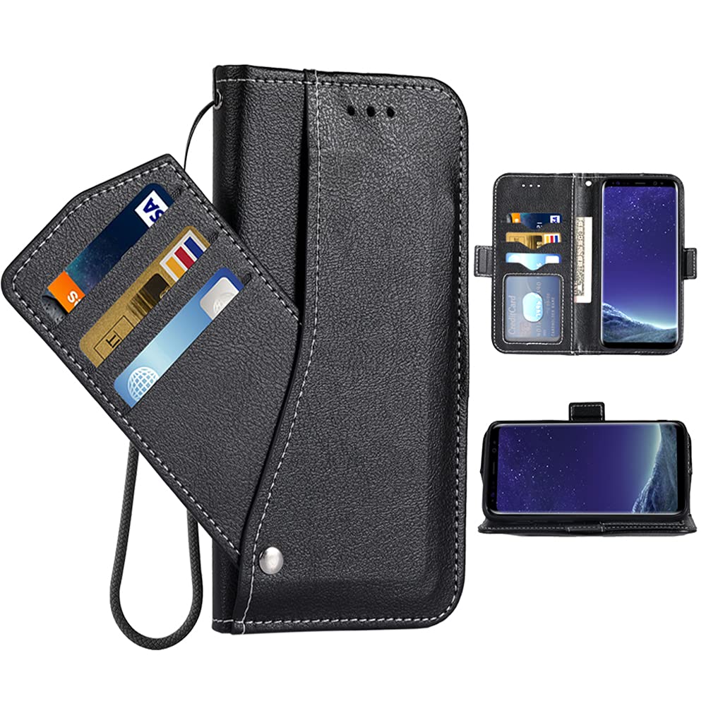 **Asuwish Leather Wallet Case for Samsung Galaxy S8 Active – Flip Cover with Card Holder, Wrist Strap & Stand | Compatible with S8 Active (G892A) | Perfect for Work, Travel & Daily Use (Black)**
