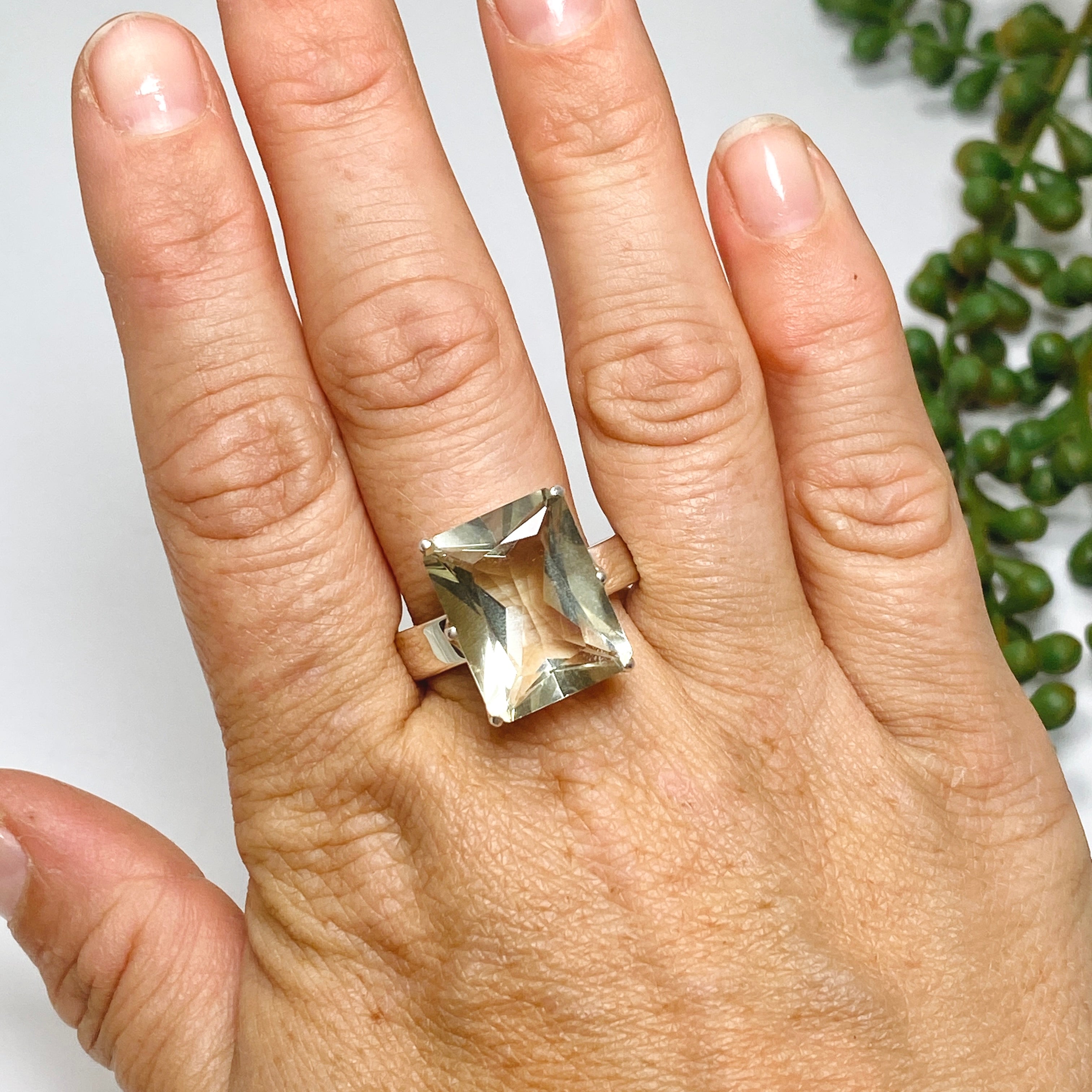 Prasiolite (Green Amethyst) Emerald Cut Faceted Ring - Size 13 - Sterling Silver Jewelry PRGJ616 - Perfect for Weddings, Anniversaries & Special Occasions