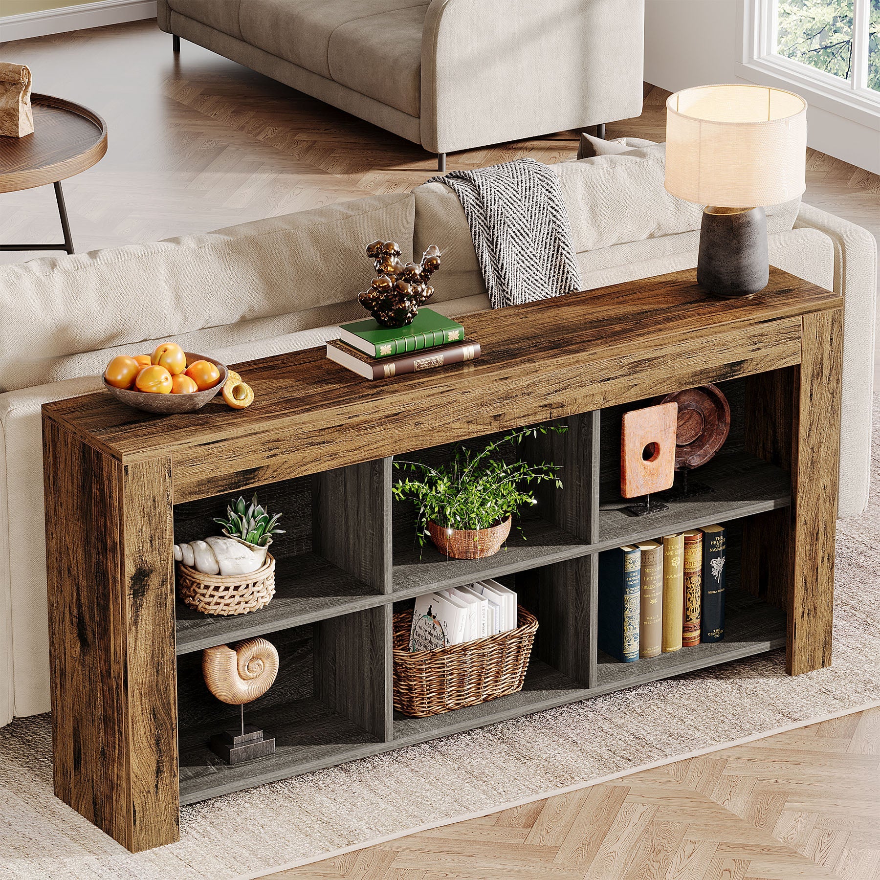 Rustic Wood Sofa Table with 6 Storage Cubes - Entryway Console Table for Living Room, Hallway & Home Decor
