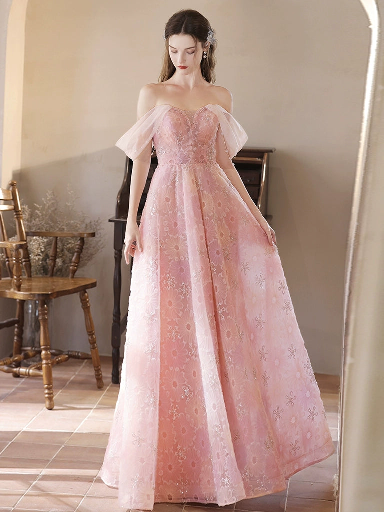 Elegant A-Line Off Shoulder Tulle Lace Pink Long Prom Dress | Pink Lace Evening Gown for Women | Perfect for Prom, Homecoming, Wedding & Formal Events