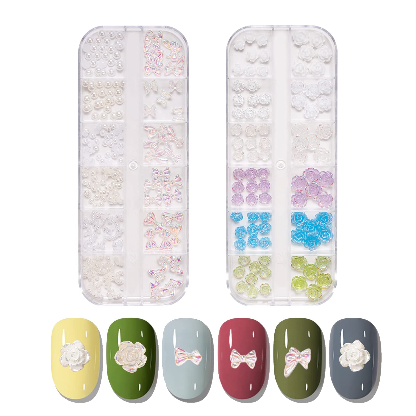 3D Flower Nail Charms - 2 Boxes Aurora Bow Butterfly Nail Art Decorations with Flat Back Pearls for DIY Nail Art | Perfect for Salon, Home Manicure, and Nail Art Enthusiasts
