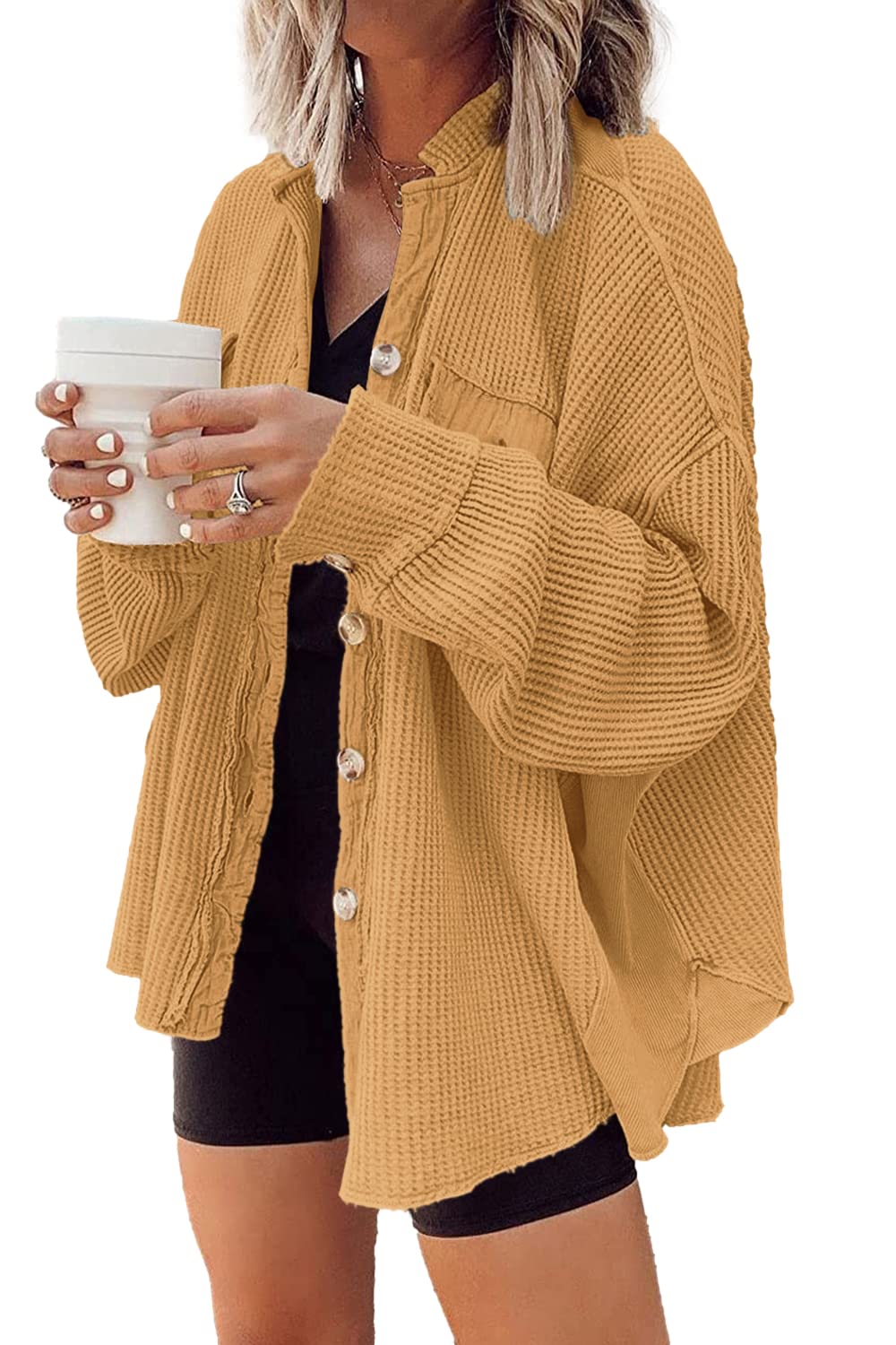 Yanekop Women's Waffle Knit Button Down Shirt Jacket - Oversized Long Sleeve Shacket for Casual & Trendy Outfits 2025 | Perfect for Fall Layering, Weekend Brunch & Street Style Fashion