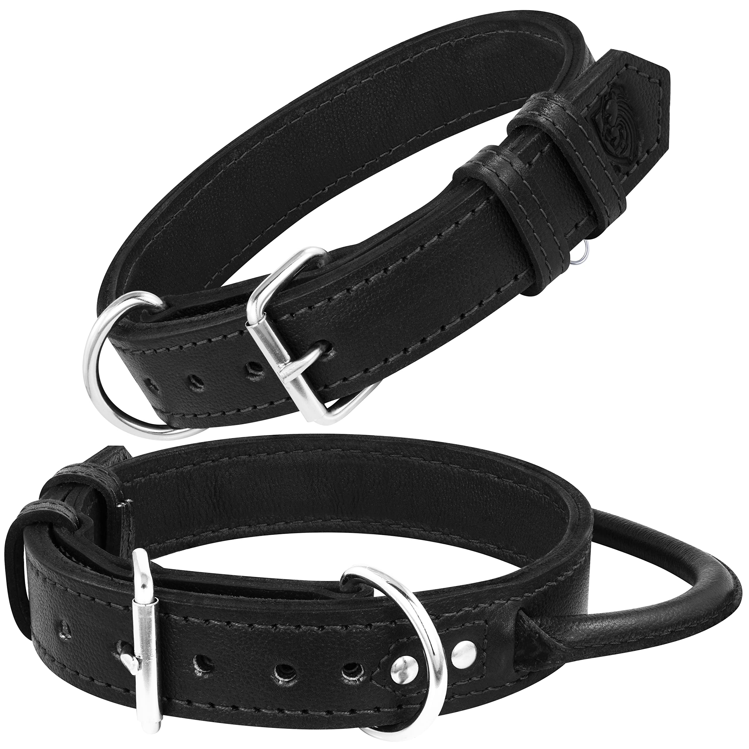 Premium Genuine Leather Dog Collar with Rolled Leather Handle - Adjustable Heavy Duty Collar for Large & XL Breeds - Durable Pet Accessory for Walking, Training & Outdoor Adventures