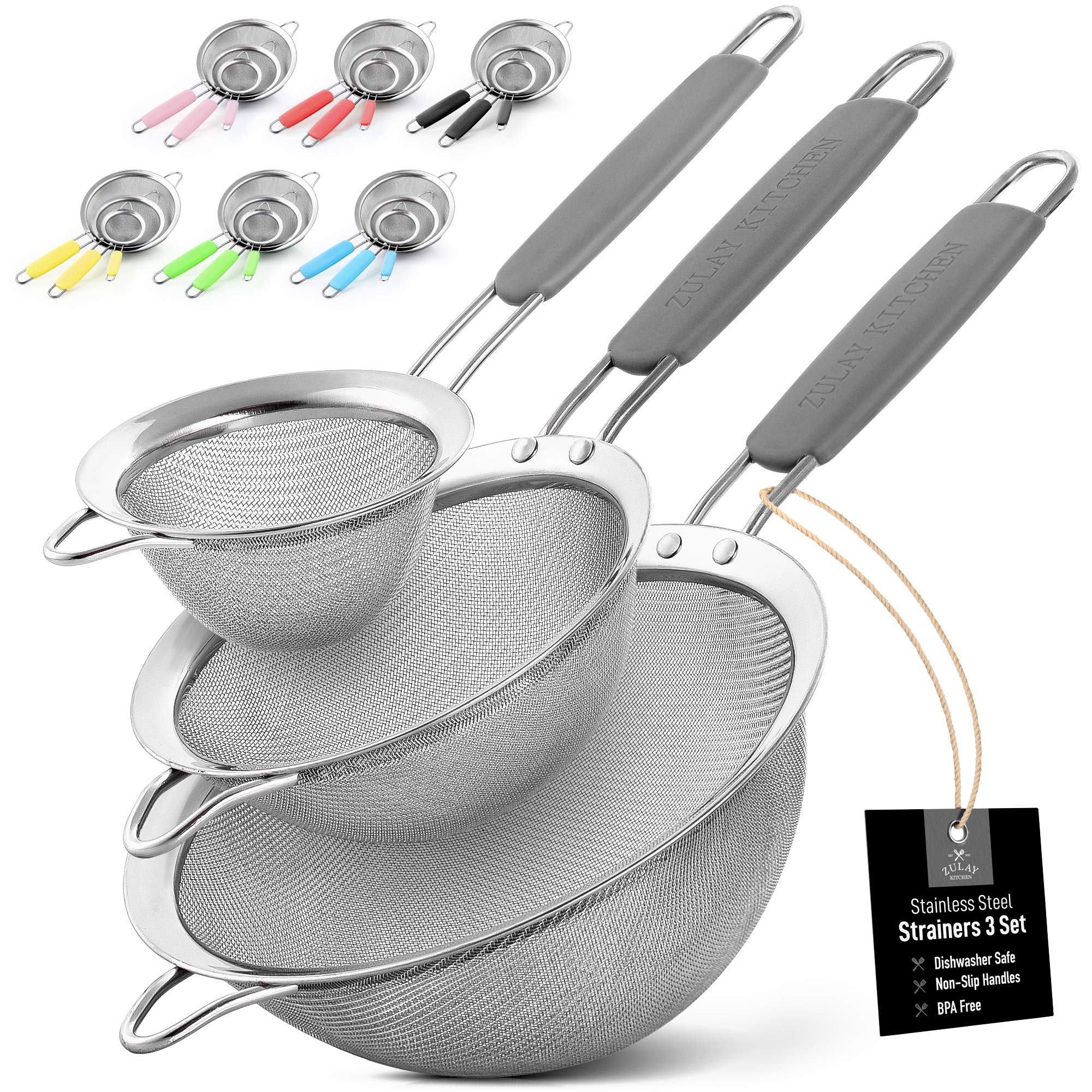 Premium Stainless Steel Fine Mesh Strainer Set (3-Piece) - Non-Slip Handles for Kitchen Use