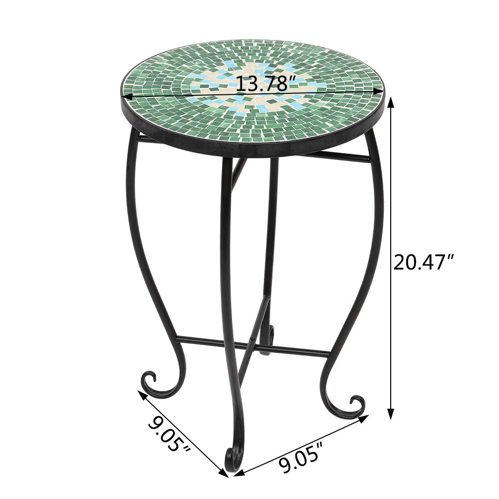Round Wrought Iron Mosaic Accent Table - Stained Glass Patio Side Table with Green Surface | Indoor Outdoor Coffee End Table for Garden, Lawn, Patio & Home Decor | Perfect for Outdoor Entertaining & Living Room Accents