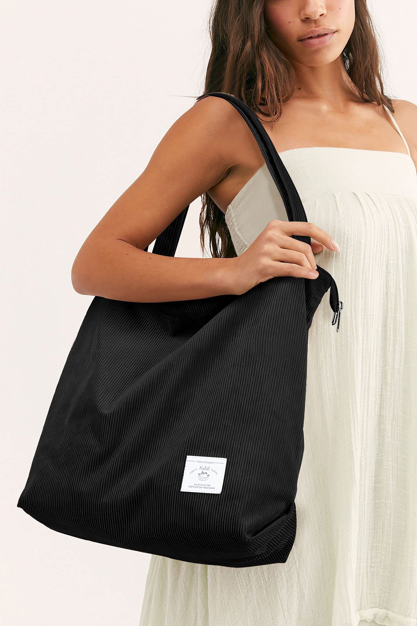KALIDI Women's Corduroy Tote Bag - Large Capacity Zippered Shoulder Bag with Pockets for Work & Travel