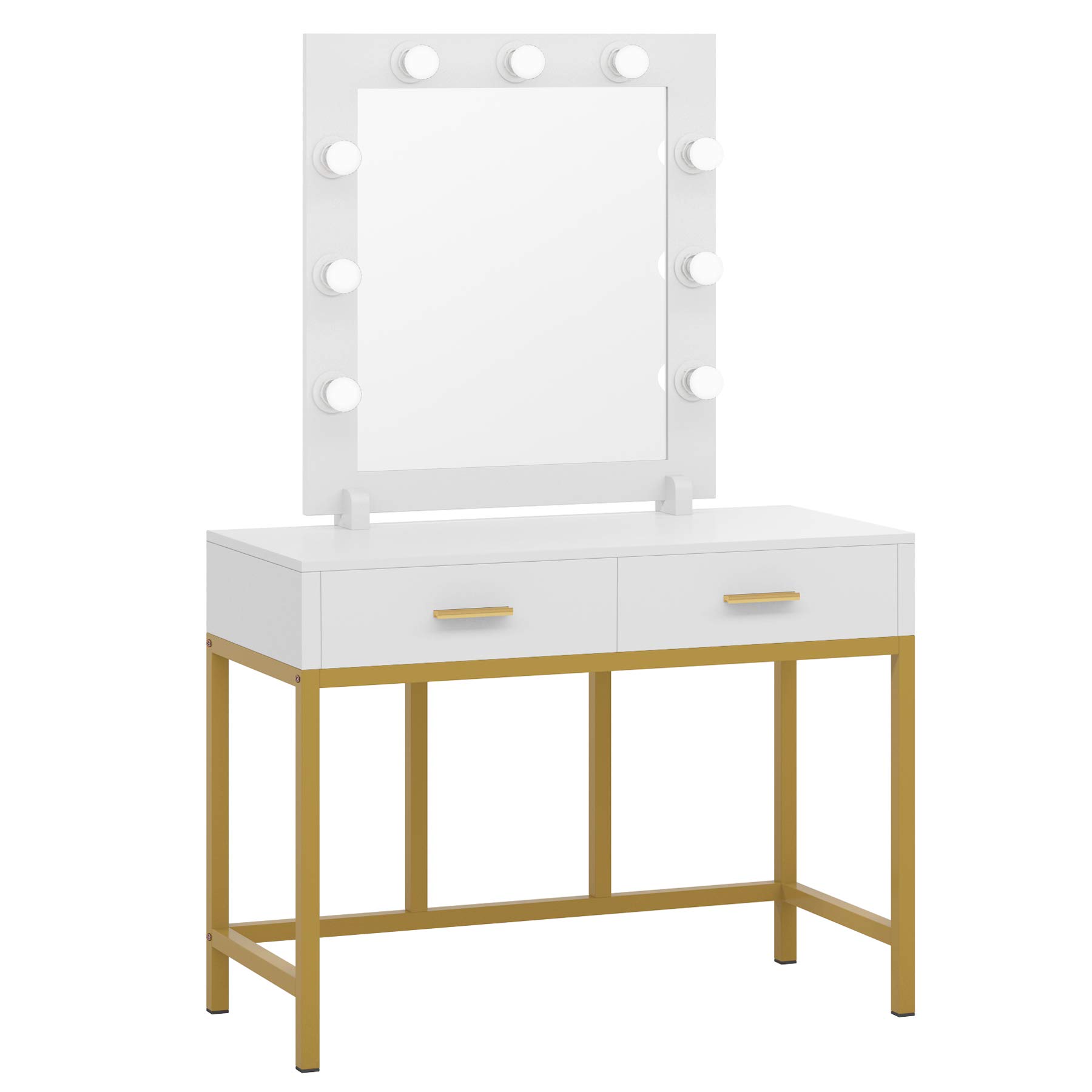 Tribesigns Gold Vanity Table with LED Lighted Mirror - 9 Lights & 2 Drawers Makeup Dressing Desk for Women | Elegant Bedroom Vanity Set (White) - Perfect for Makeup Application, Skincare Routine & Home Decor