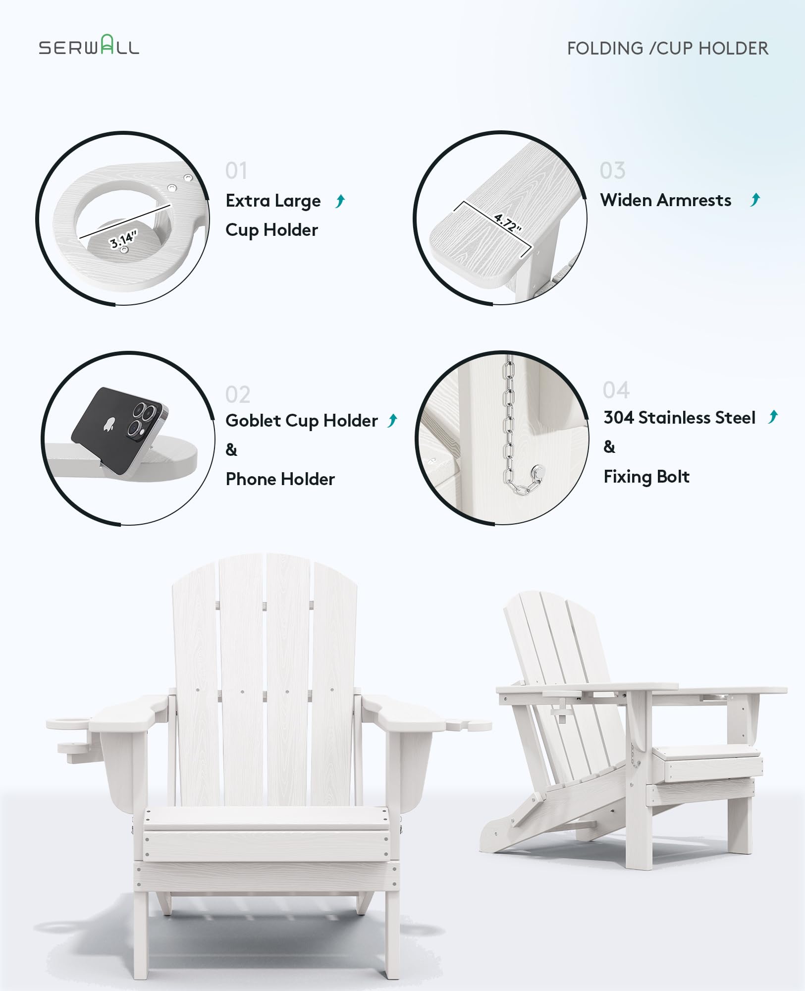 Premium SERWALL Adirondack Chair with Cup Holders - Durable HDPE Composite Outdoor Patio Furniture - All-Weather Resistant White Lounge Chair for Backyard, Poolside & Garden Relaxation