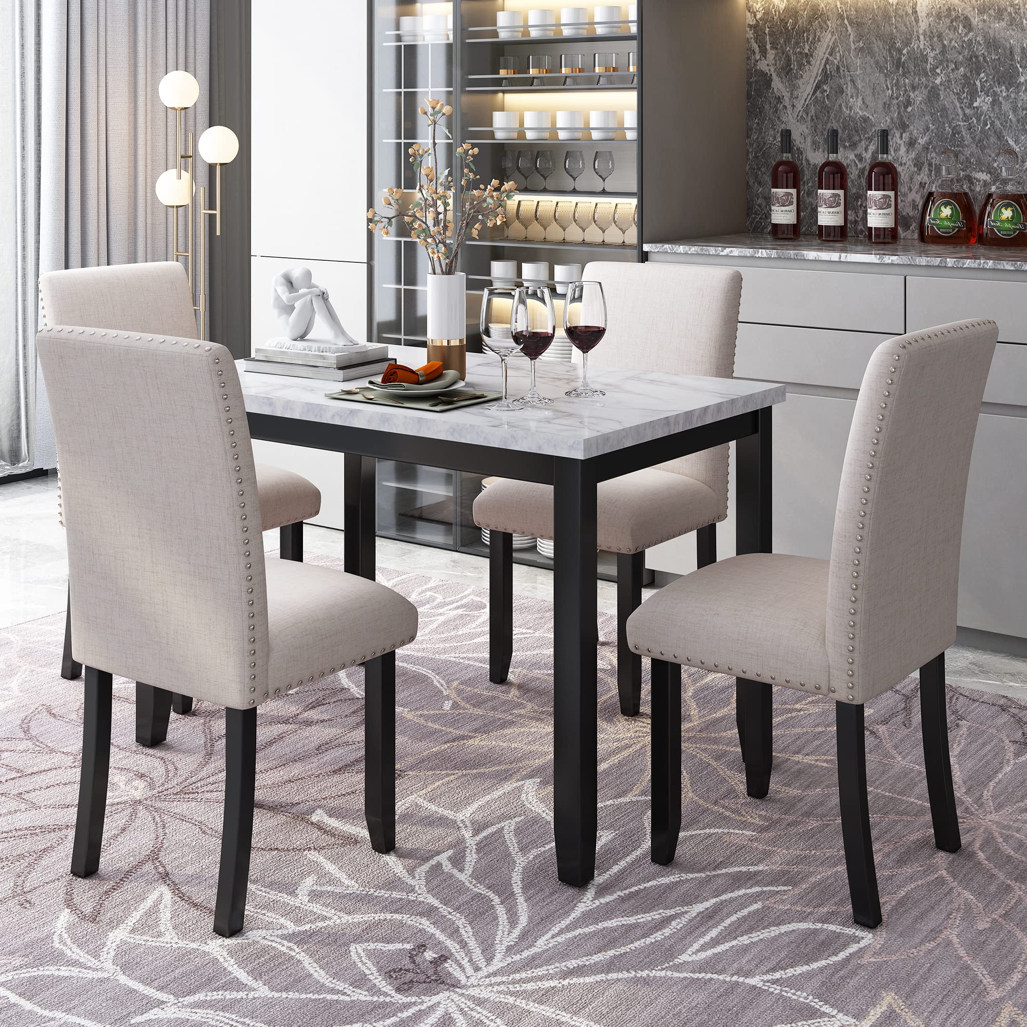 LZ LEISURE ZONE 4-Piece Dining Table Set with Chairs - Modern Kitchen & Dining Room Furniture for Home or Restaurant - White/Beige & Black Color Options - Perfect for Small Spaces, Family Meals, and Entertaining Guests