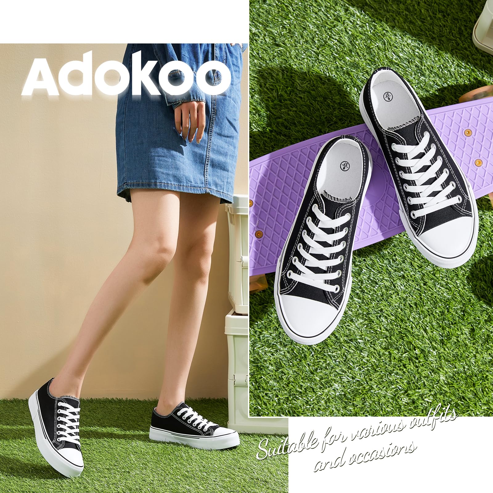 Adokoo Women's Low Top Canvas Tennis Shoes - White & Black Casual Sneakers for Walking, Fashion & Comfort | Perfect for Daily Wear, Gym, Travel & Outdoor Activities