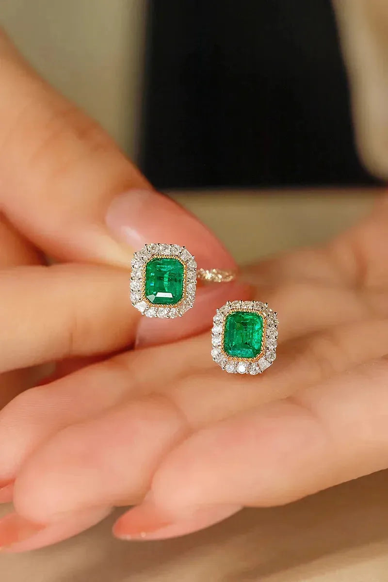 18K White & Yellow Gold Emerald Diamond Stud Earrings for Women | Luxury Natural Gemstone Jewelry | Perfect for Parties, Weddings & Special Occasions