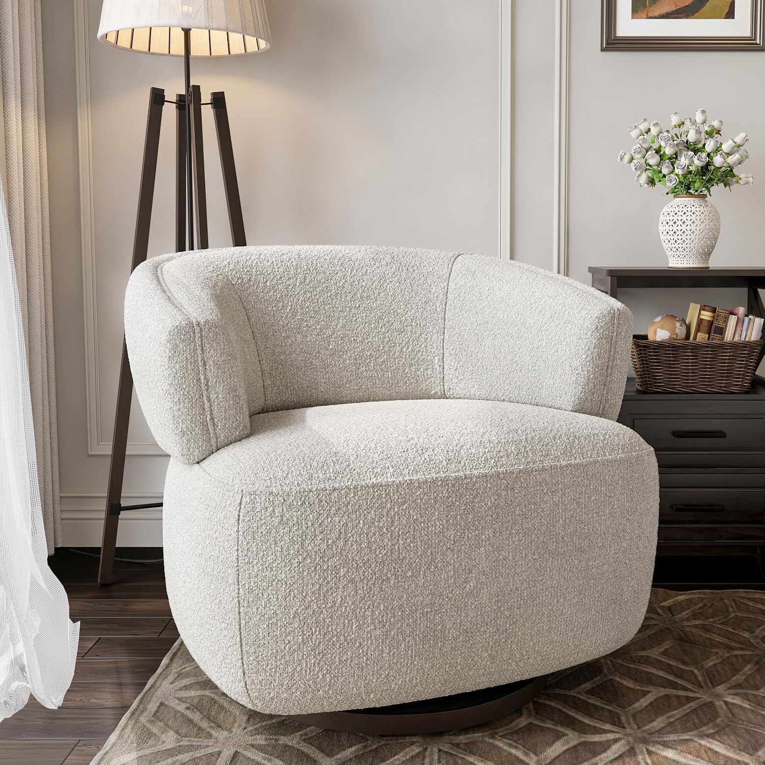 RoyalCraft Swivel Accent Chair Set of 2 - Fully Assembled Modern Round Barrel Chairs with 360° Rotation, Oversized Upholstered Armchairs for Living Room, Bedroom & Office - Soft Griege Fabric - Perfect for Reading Nooks, Conversation Areas & Small Spaces