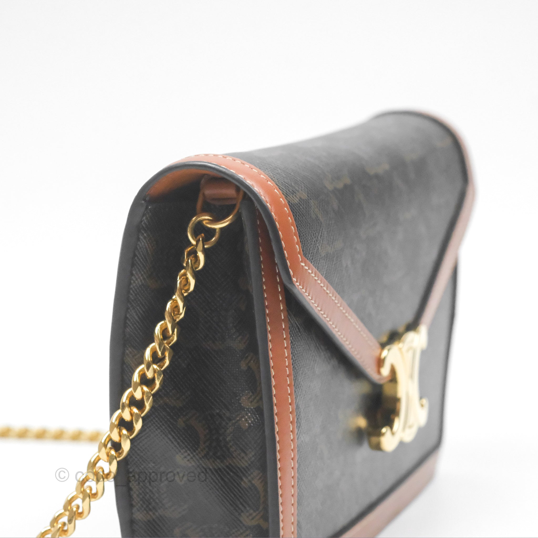 Celine Triomphe Wallet On Chain - Canvas & Tan Calfskin Crossbody Bag for Women | Perfect for Everyday Use, Date Night & Travel Accessories