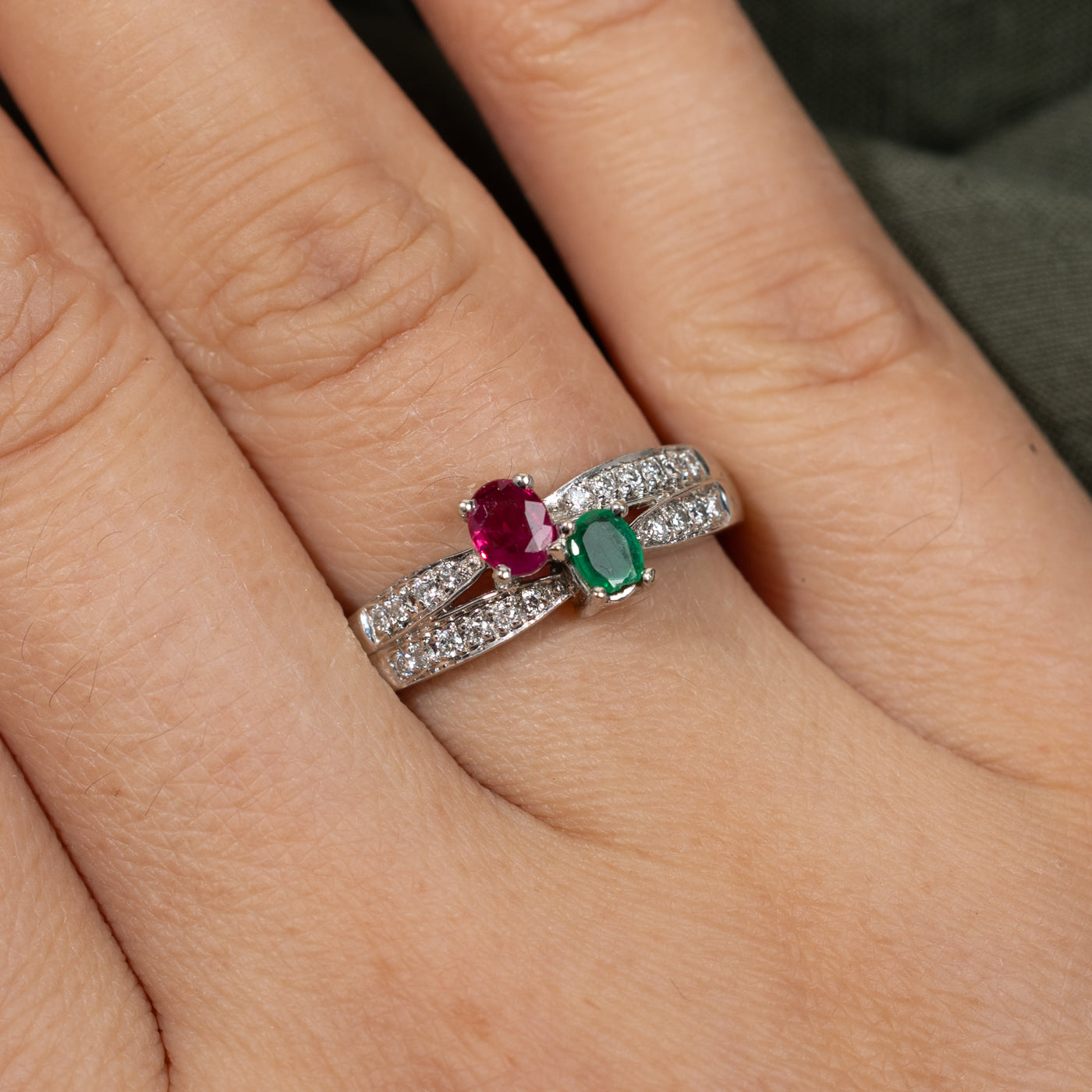 Toi et Moi Emerald Ruby Diamond Ring - 0.24ct Emerald, 0.10ct Ruby & 0.18ctw Diamonds - Size 7.5 - Elegant Engagement, Anniversary or Gift Jewelry for Women