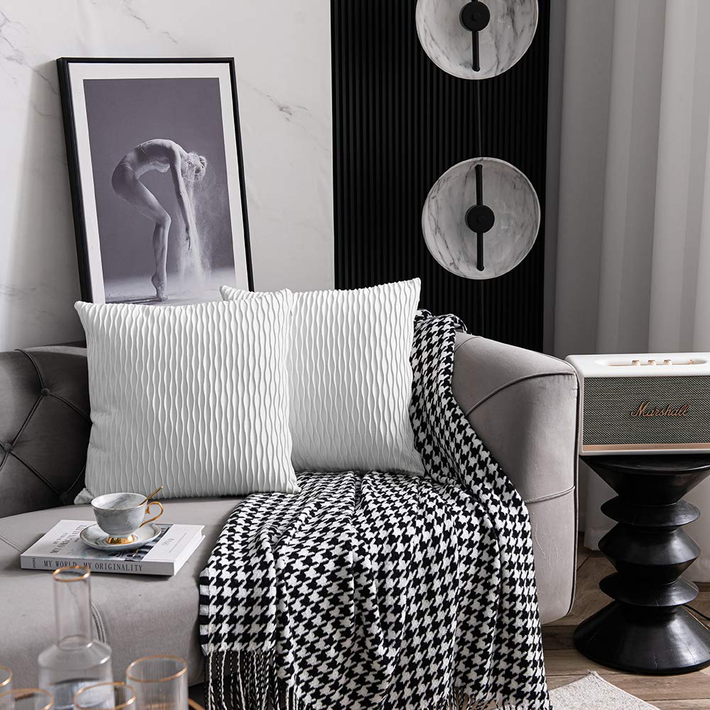 DEZENE 2-Pack 16x16 Inch White Striped Velvet Square Throw Pillow Covers - Soft Farmhouse Decor Cushion Cases for Sofa, Bed & Living Room