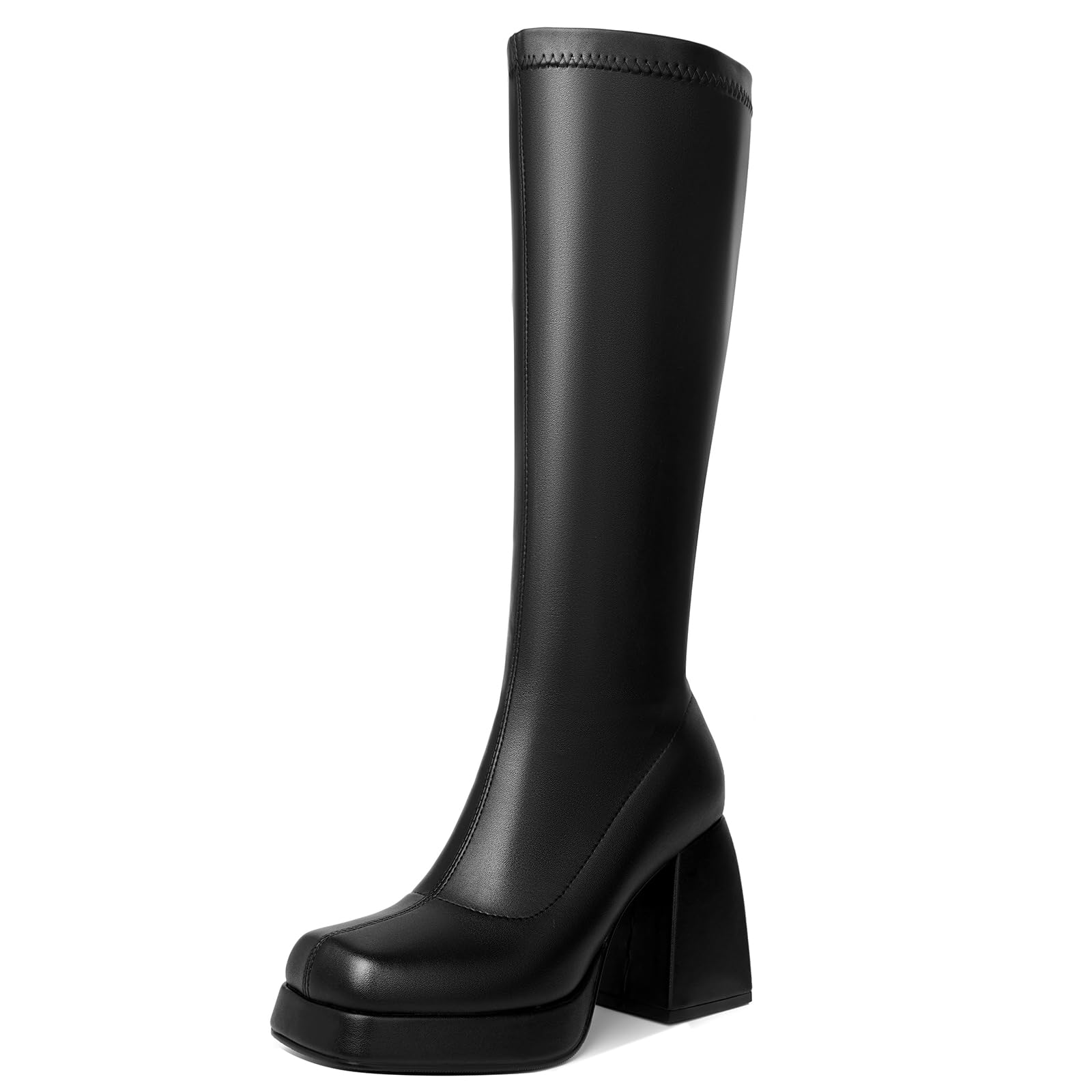 HEIFIN Women's Platform Knee High Boots - Square Toe Tall Boots with Zipper in Black | Stylish Winter & Fall Fashion for Casual Outfits, Office Wear & Night Out