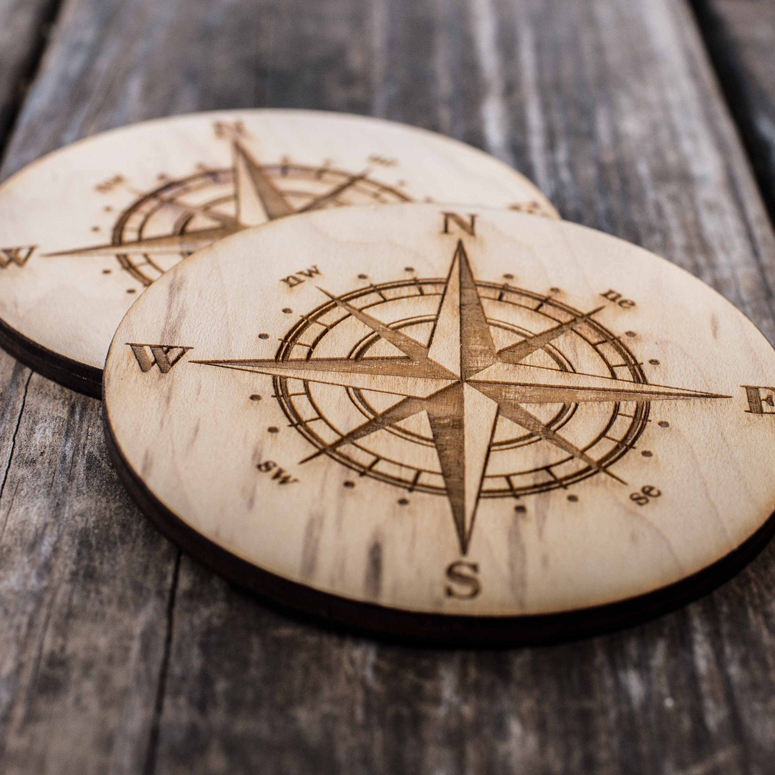 Compass Rose Coaster Set of 2 - Natural Raw Wood Drink Coasters for Home & Office Bar Decor - Perfect for Coffee, Wine, and Beverage Protection
