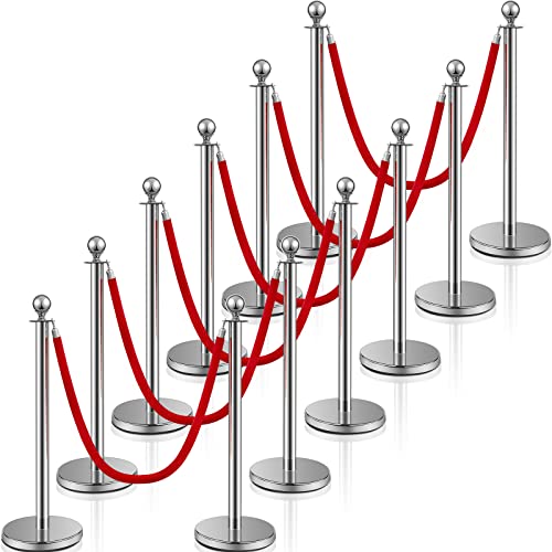Premium 5ft Stainless Steel Stanchion Post with Red Velvet Rope - Heavy Duty Crowd Control Barrier Set (12 Pieces) for Events, Red Carpet Parties, VIP Sections & Queue Management
