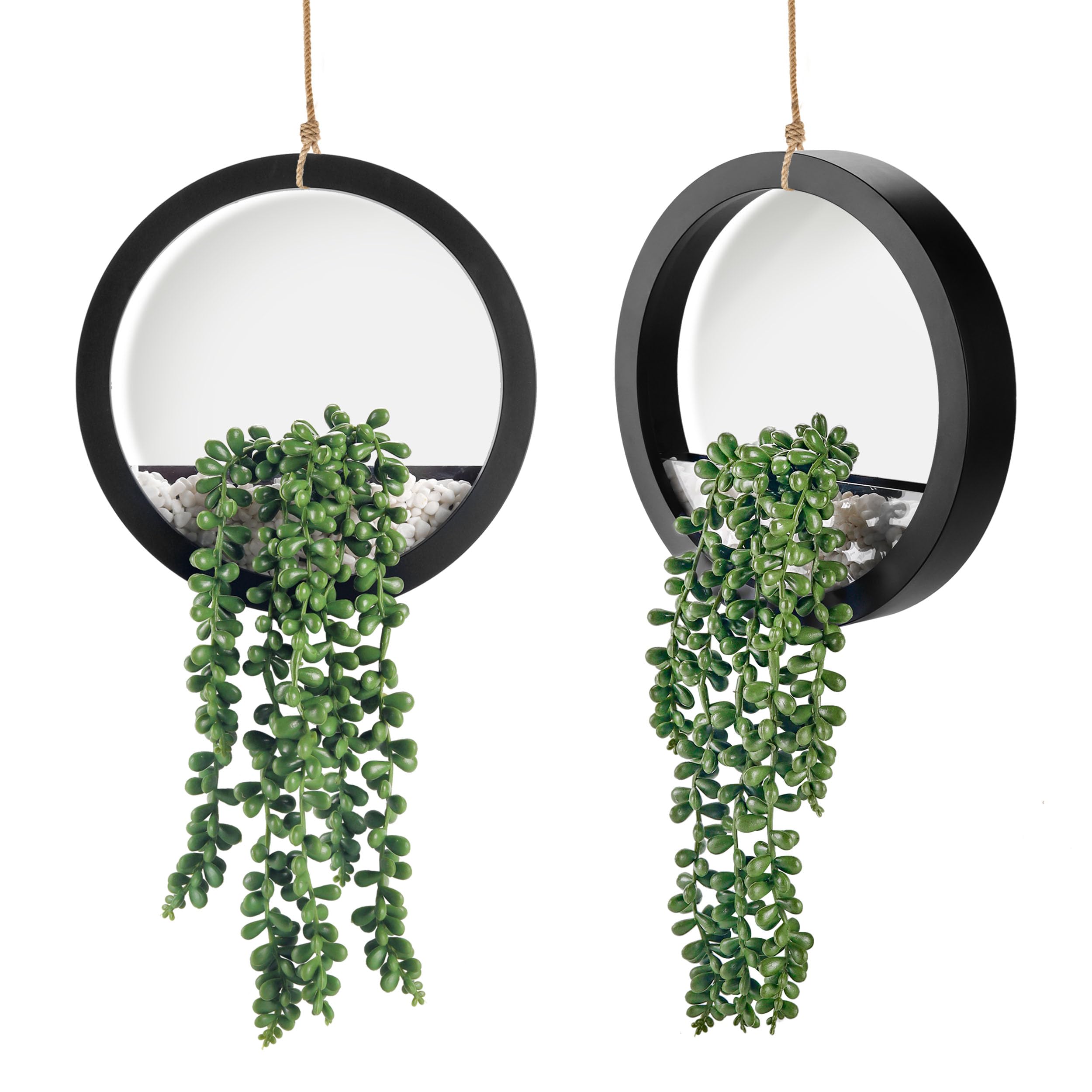 2 Pack Fake Hanging Succulent Plants in Black Pots - Artificial Greenery for Living Room, Bathroom, Office & Boho Wall Decor - Low Maintenance Home Décor Accessories
