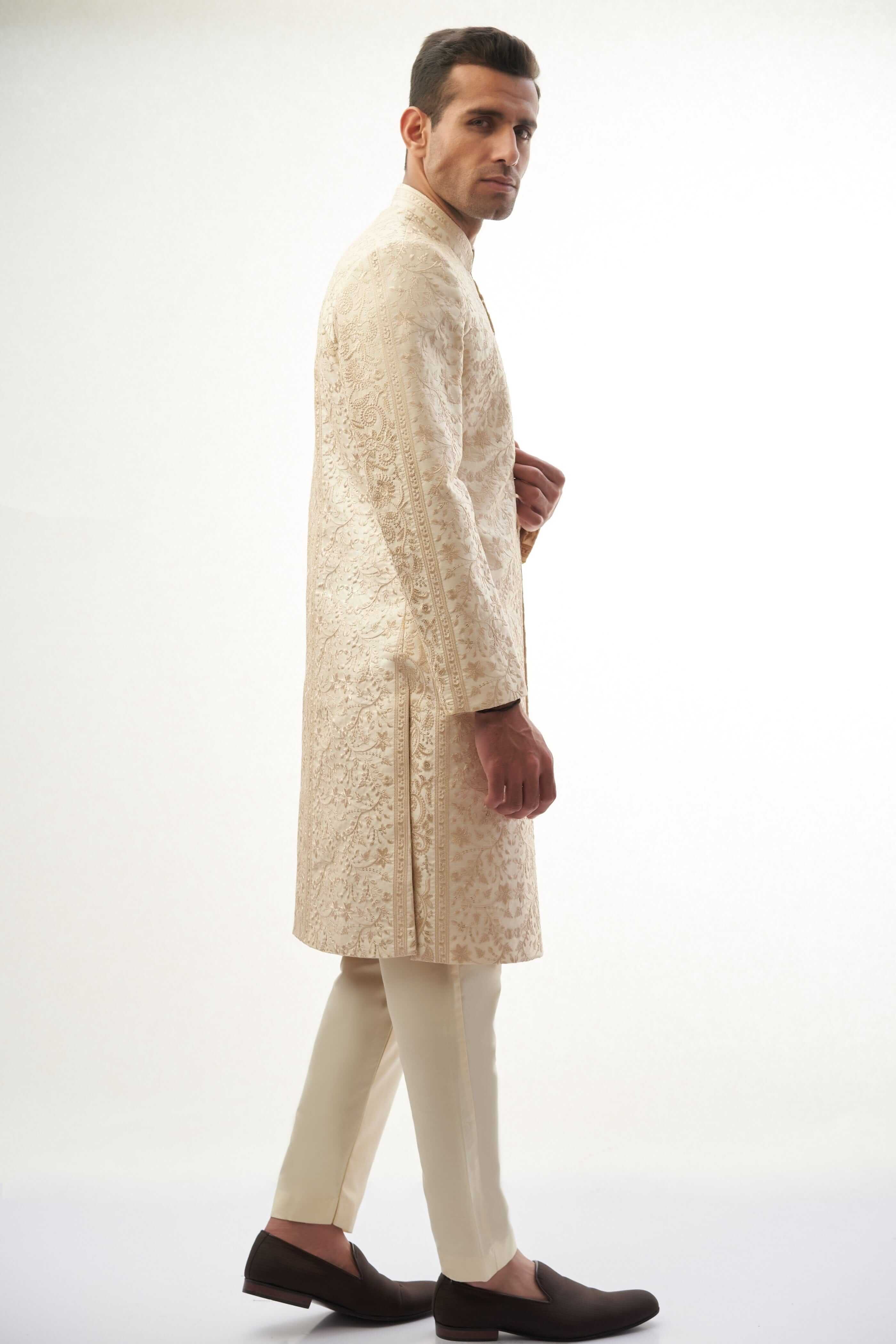 Elegant Fawn Persian Painting Inspired Sherwani for Men | Traditional Indian Wedding Attire | Perfect for Grooms, Festivals & Cultural Events