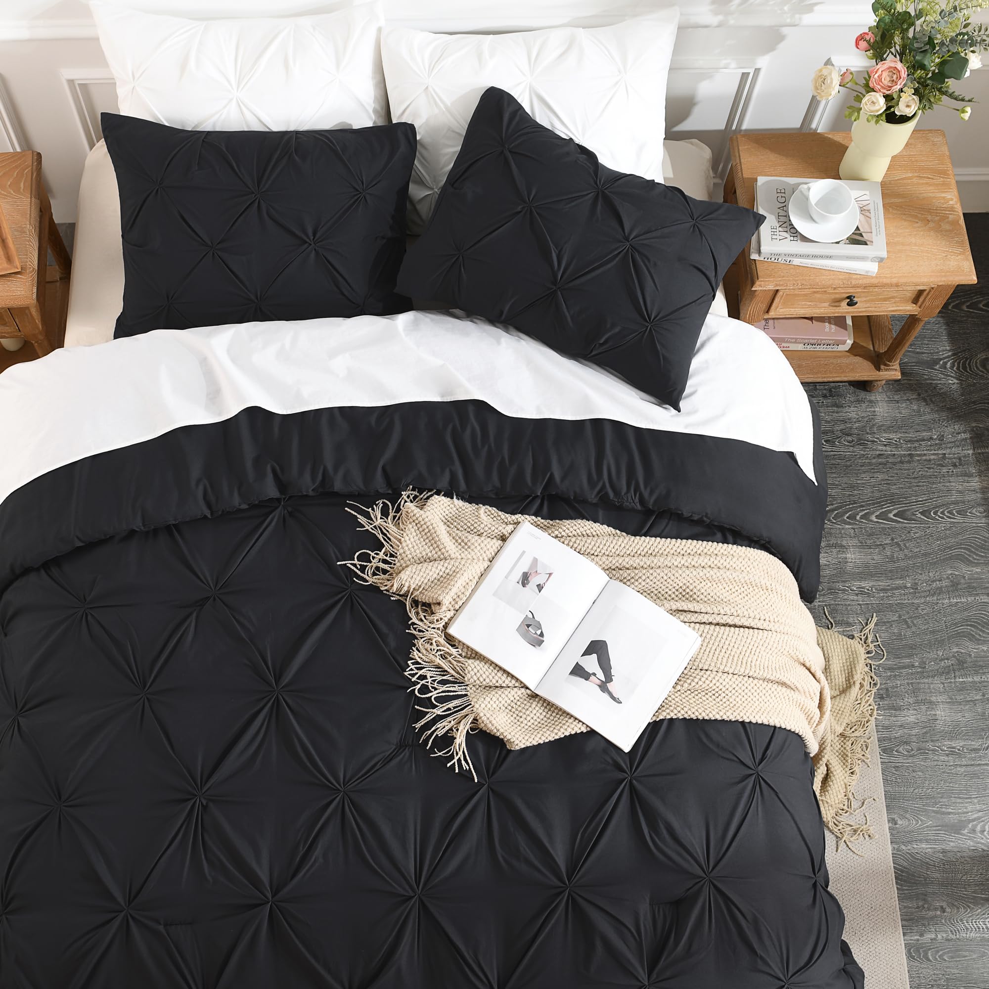 Andency Black Pinch Pleat Comforter Twin Set (66x90 Inch) - 2 Piece Microfiber All Season Down Alternative Bedding with Pintuck Design & Pillowcase - Perfect for Guest Rooms, Dormitories & Cozy Bedroom Decor