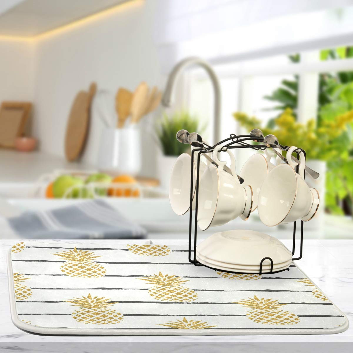 Summer Gold Pineapple Dish Drying Mat - Ultra Absorbent Reversible Microfiber Kitchen Counter Mat (16x18 Inches) | Heat-Resistant, Non-Slip for Dishes, Cups & Utensils | Perfect for Kitchen Countertops, Sink Areas & Dining Tables