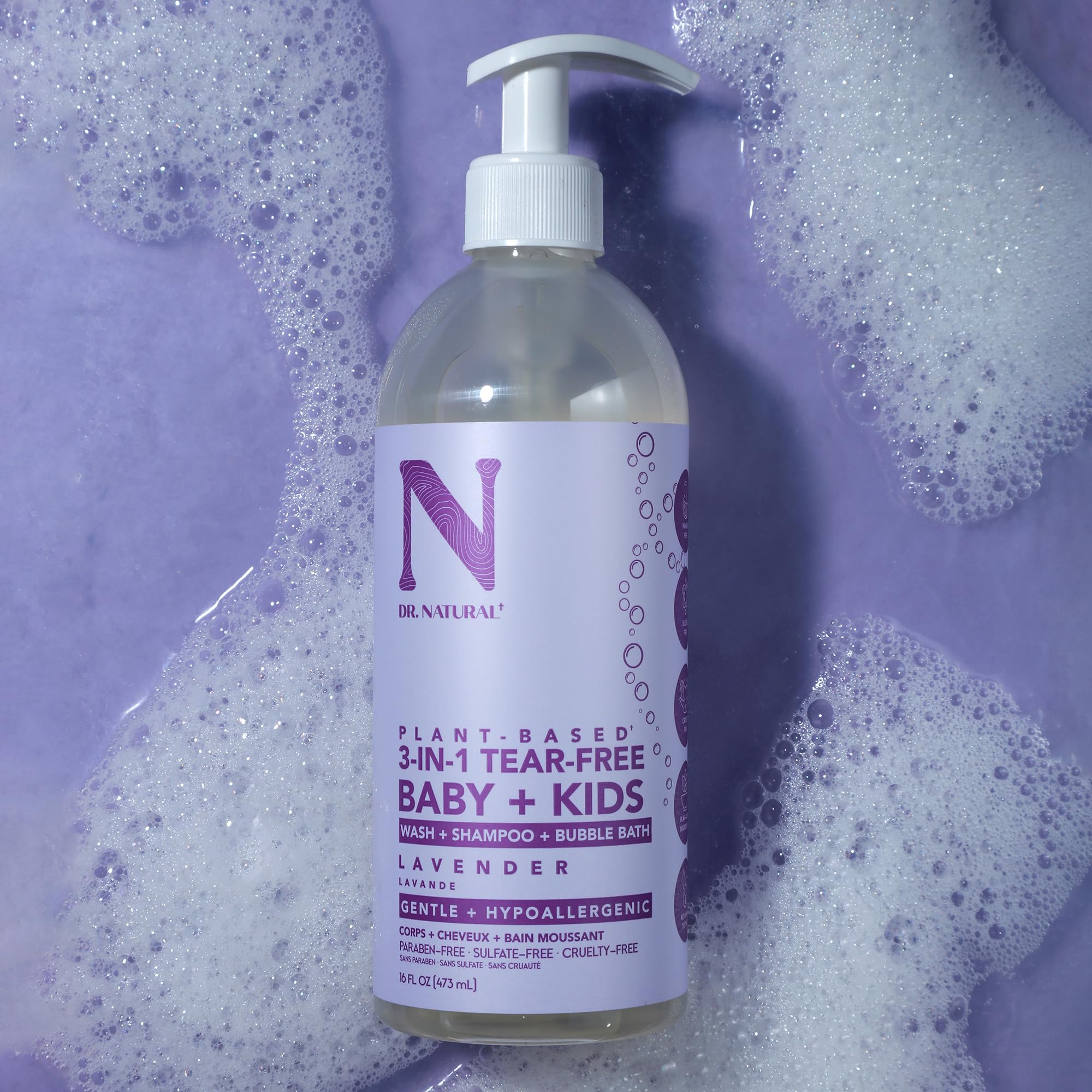 Dr. Natural 3-in-1 Tear-Free Baby & Kids Soap - Lavender Scented 16 oz | Plant-Based Shampoo & Body Wash | Sulfate-Free, Paraben-Free, Hypoallergenic for Sensitive Skin | Infused with Essential Oils | Gentle Cleansing for Newborns, Toddlers & Children | Perfect for Bath Time, Daily Hygiene & Sensitive Skin Care