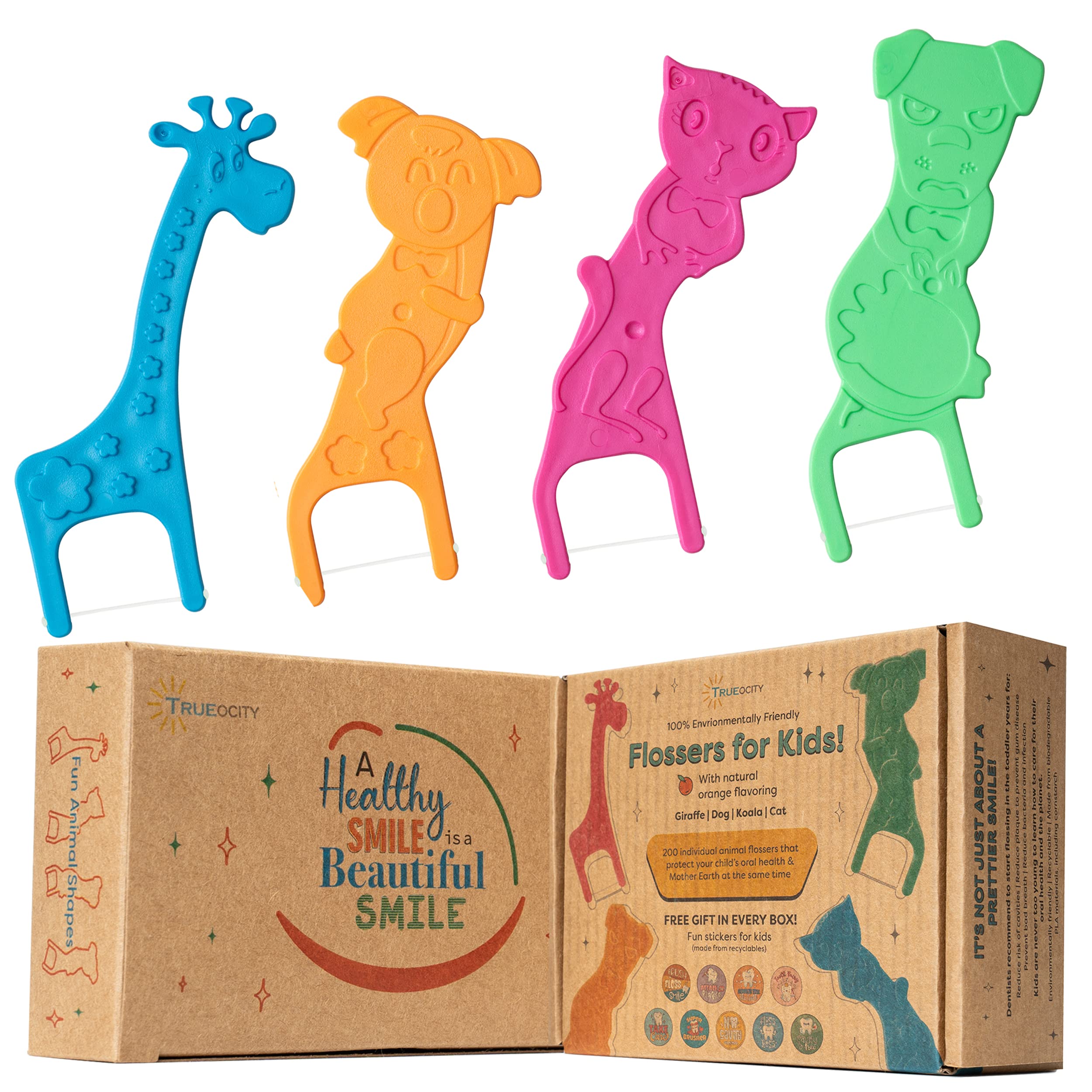 Eco-Friendly Kids Flossers - 200 Pack Biodegradable Dental Floss Picks for Children | Fluoride-Free, Organic Animal Design | Mild Orange Flavor | Perfect for School Lunches & Travel Oral Care