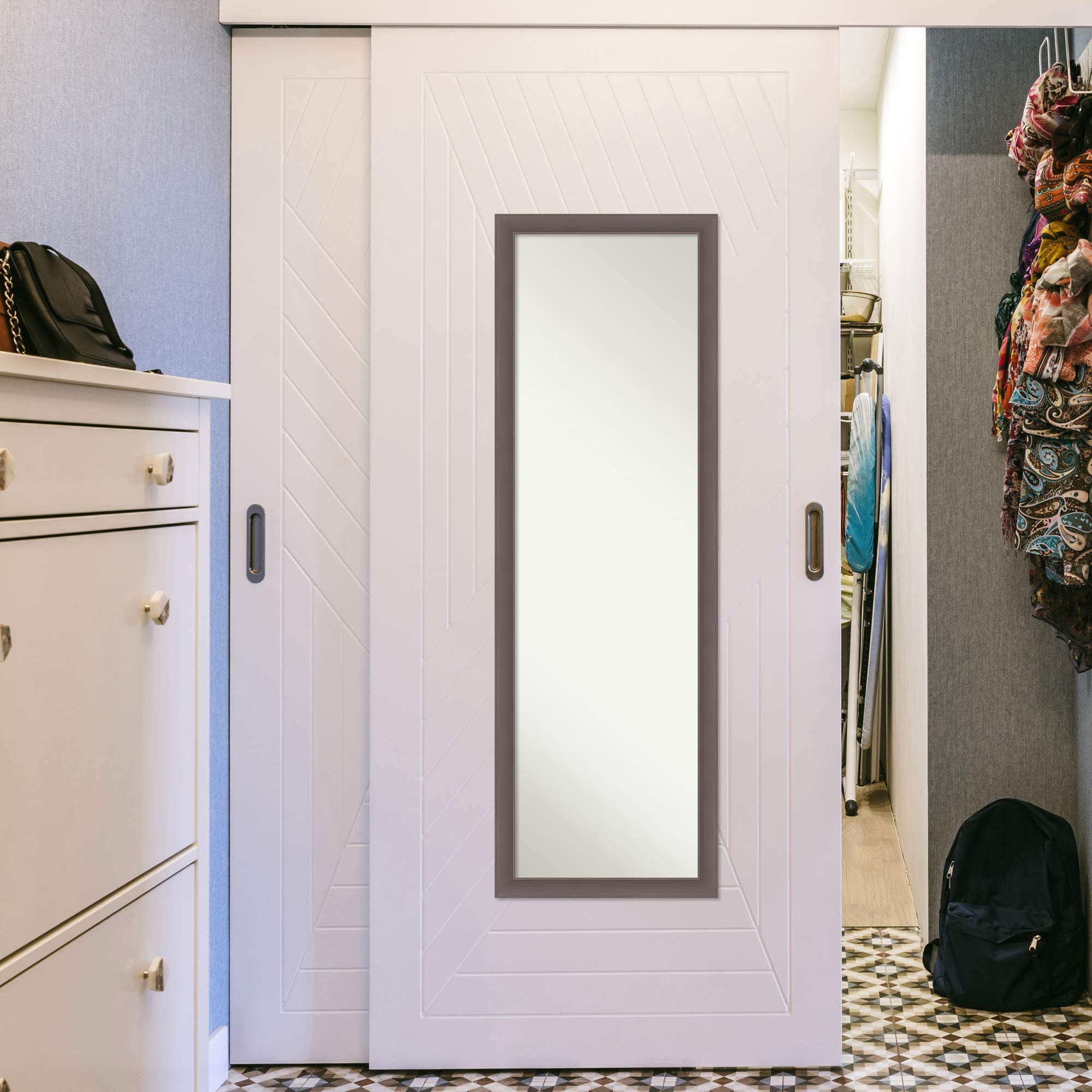 Amanti Art Silver Full Length Mirror for Door - 51x17 Urban Pewter Tall Wall Mirror with Hidden Brackets | Modern Bedroom Decor & Closet Organizer | Perfect for Dressing Rooms, Hallways & Small Spaces (Made in USA)