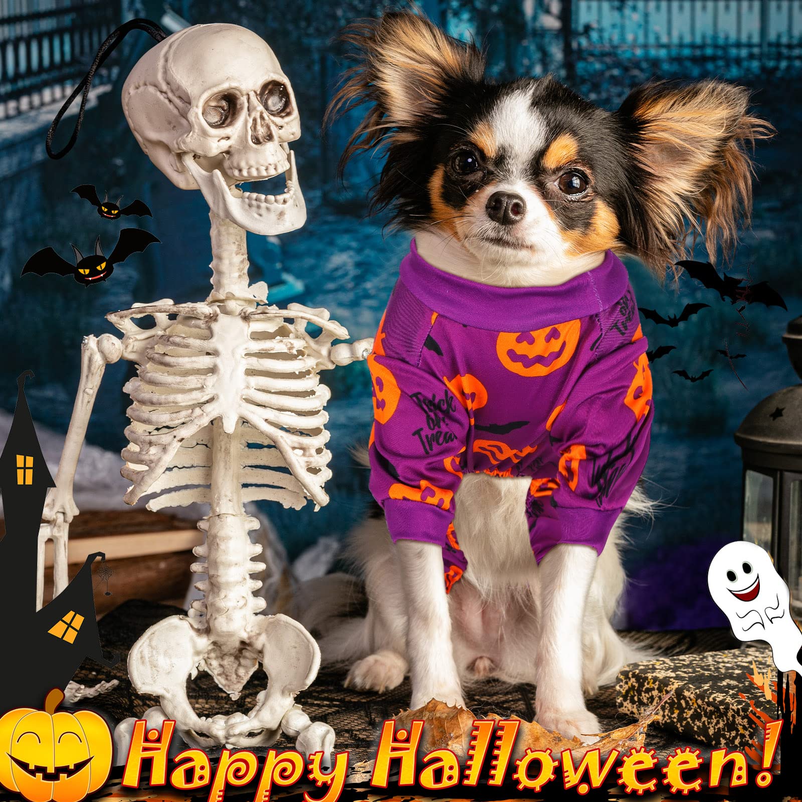 5-Piece Dog Winter Pajamas Set - Cute Puppy Bodysuit with Skull & Ghost Print, Pumpkin Pet Costume for Halloween - Warm Holiday Dog Shirts for Small Medium Large Dogs - Perfect for Christmas, Halloween Cosplay & Indoor Winter Wear