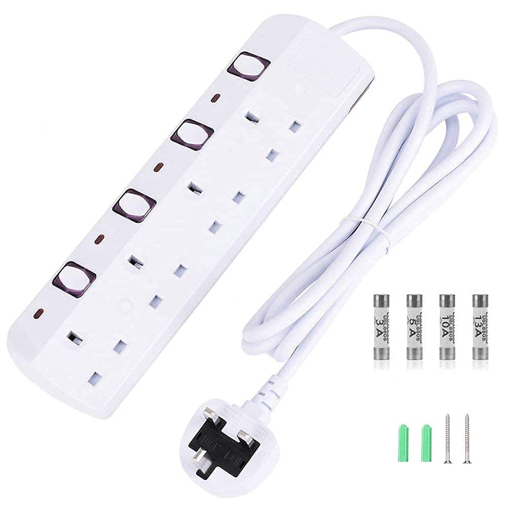 4-Way Extension Lead with 1.8M/5.9FT Cable, Multi Socket Power Strip - White | Mountable for Home, Office & Workshop Use | TISDLIP Plug Extension for Electronics & Appliances