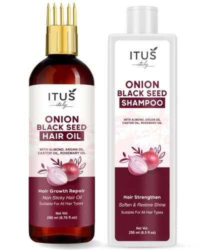 ITUS Natural Onion Oil & Shampoo Hair Growth Combo Kit - 200ml Hair Oil + 250ml Shampoo for Hair Fall Control & Scalp Care | Promotes Thicker, Stronger Hair for Men & Women | Perfect for Daily Hair Care Routine & Damaged Hair Repair