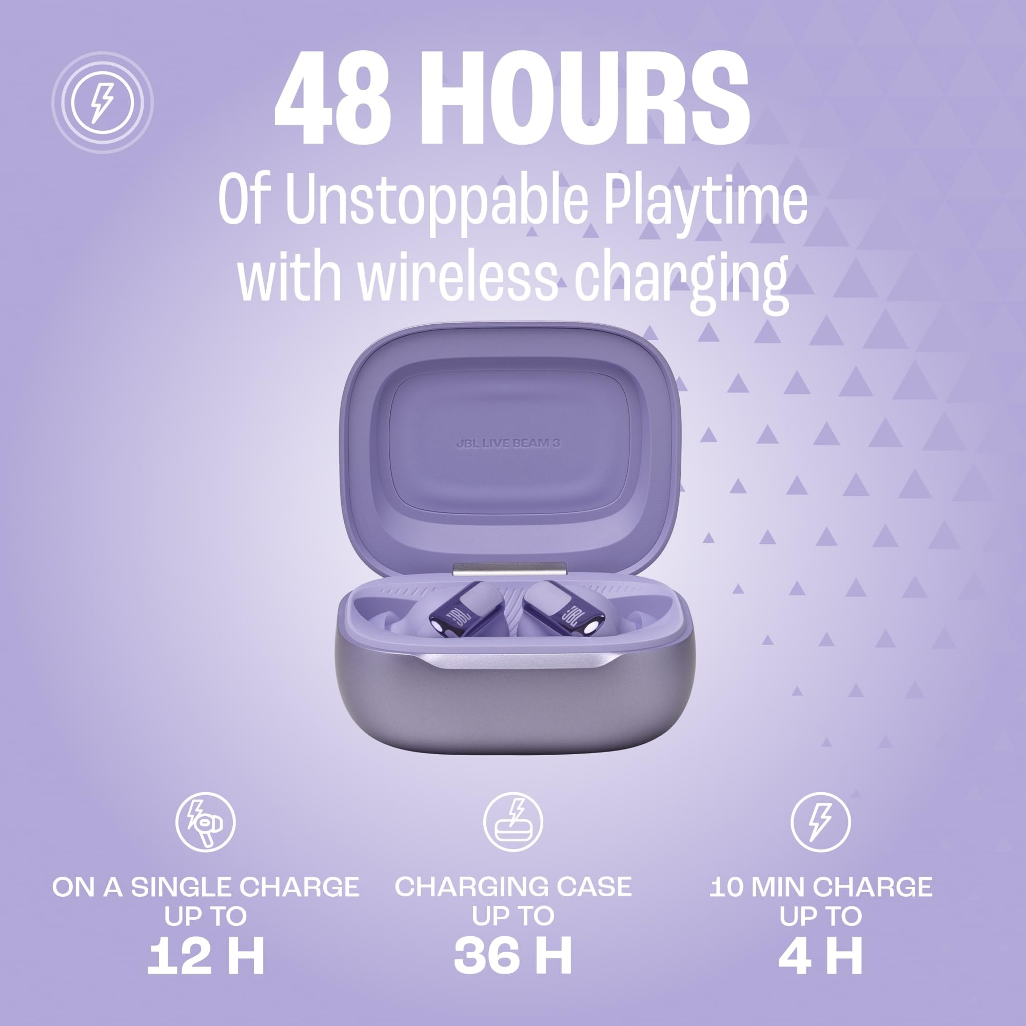 JBL Live Beam 3 True Wireless Bluetooth Earbuds - 48H Battery, Adaptive Noise Cancelling, Hi-Res Audio, IP55 Waterproof, Purple | Perfect for Workouts, Commuting & Travel