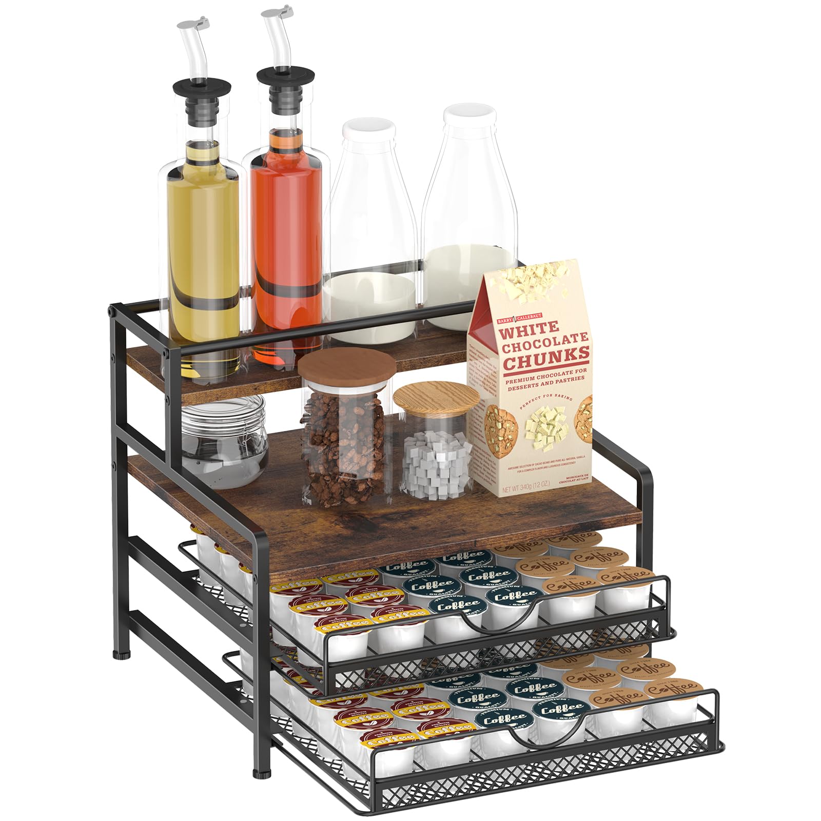 3-Tier Coffee Bar Organizer - Rustic Brown K-Cup Storage Rack for Coffee Pods, Syrups & Supplies | Countertop Organizer for Keurig, Nespresso & Coffee Makers | Perfect for Home Kitchen, Office Breakroom & Cafe Stations