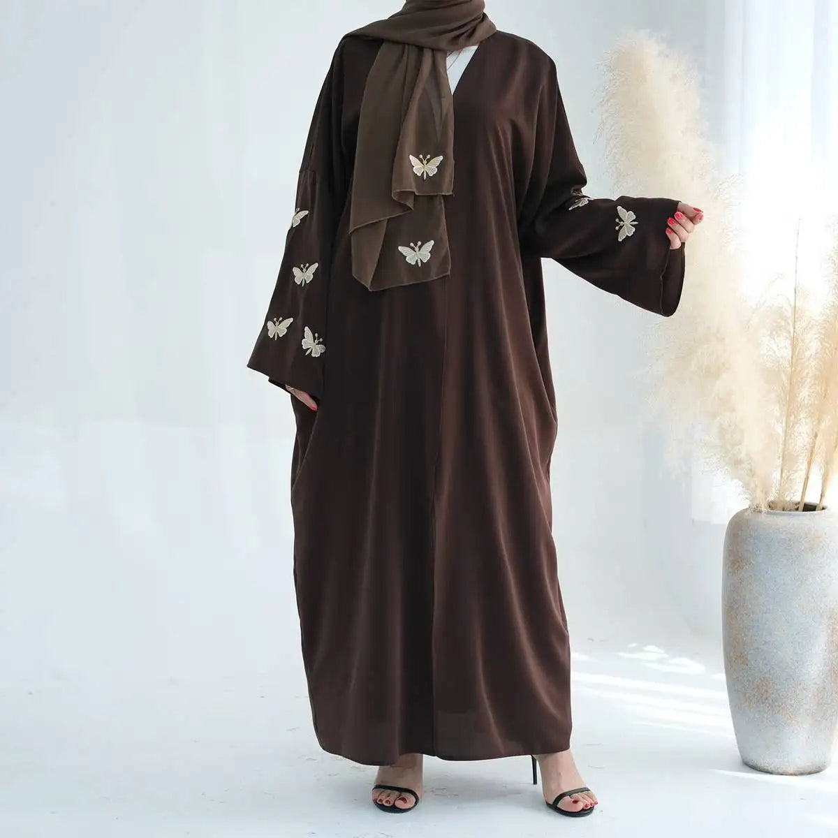 Elegant Butterfly Embroidery Cardigan Open Abaya Dress - Flowy Muslim Kaftan Cover Up for Women, Perfect for Prayer, Mosque, and Special Occasions