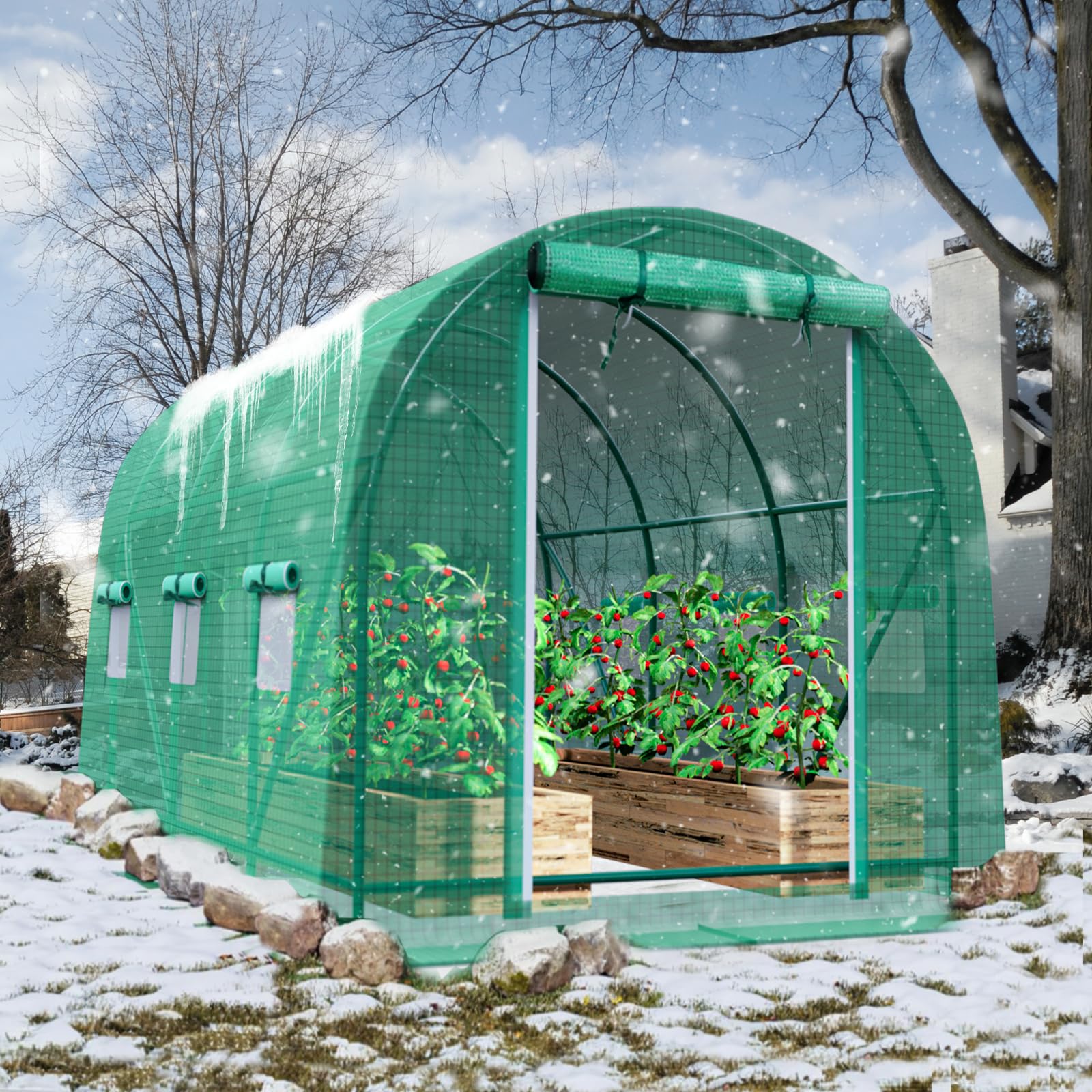 Grezone 10x7x7 FT Walk-in Greenhouse with Dual Zippered Screen Doors & 6 Vent Windows - Heavy Duty Reinforced Frame Plastic Plant House for Outdoor Gardening, Seed Starting & Plant Protection