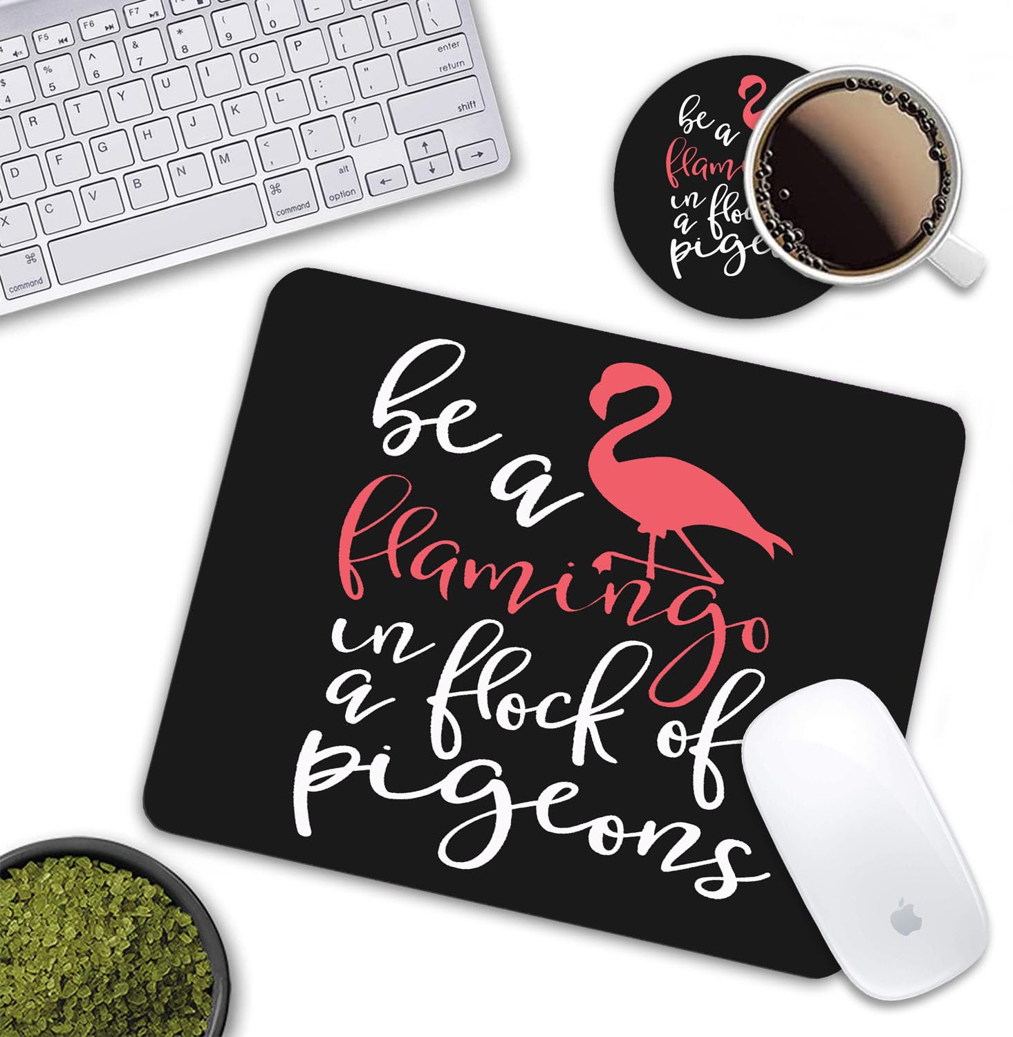 Flamingo in a Flock of Pigeons Inspirational Mouse Pad & Coasters Set - Non-Slip Rubber Base, Rectangle Desk Pad for Laptop & Computer Office Accessories - Perfect for Home Office, Gaming & Workspace Decor
