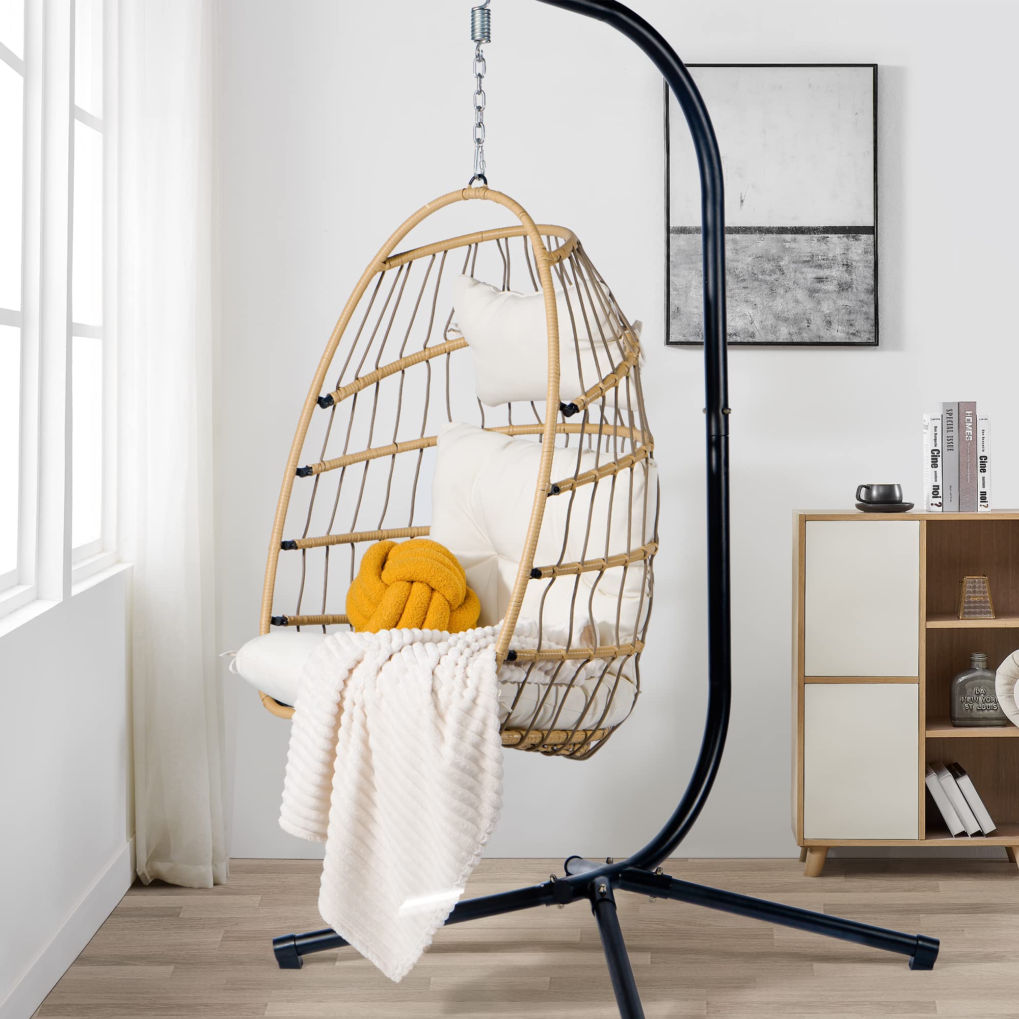 Cozy Castle Egg Chair with Stand - Bohemian Wicker Hanging Chair for Outdoor & Indoor Use, Folding Hammock Chair with White Cushions & Waterproof Cover - Perfect for Porch, Patio, Balcony, Backyard & Nursery Relaxation
