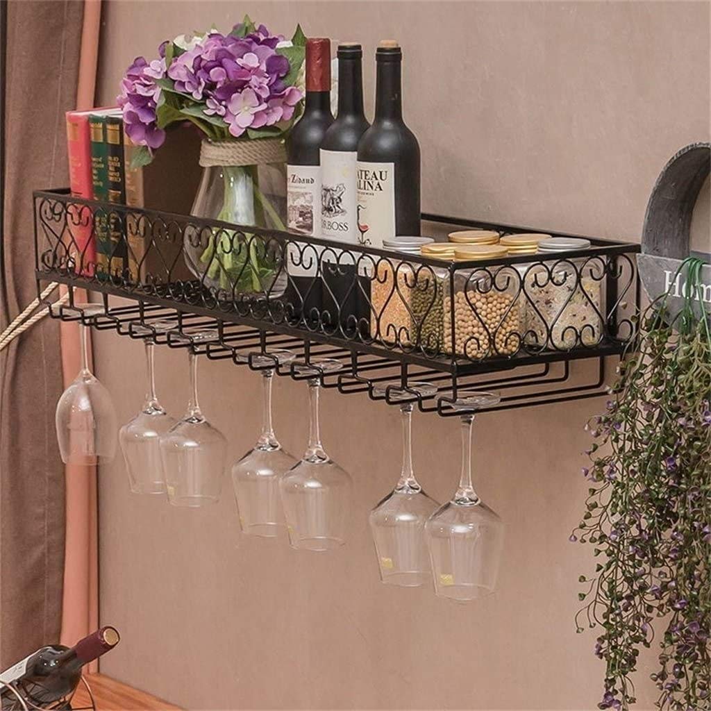 SKOAJAS Wall Mount Wine Rack with Glass Holder - 100×25cm(39×10in) Metal Iron Hanging Wine Bottle Storage Shelf for Kitchen, Bar & Dining Room Decor - Perfect for Wine Enthusiasts & Home Entertaining